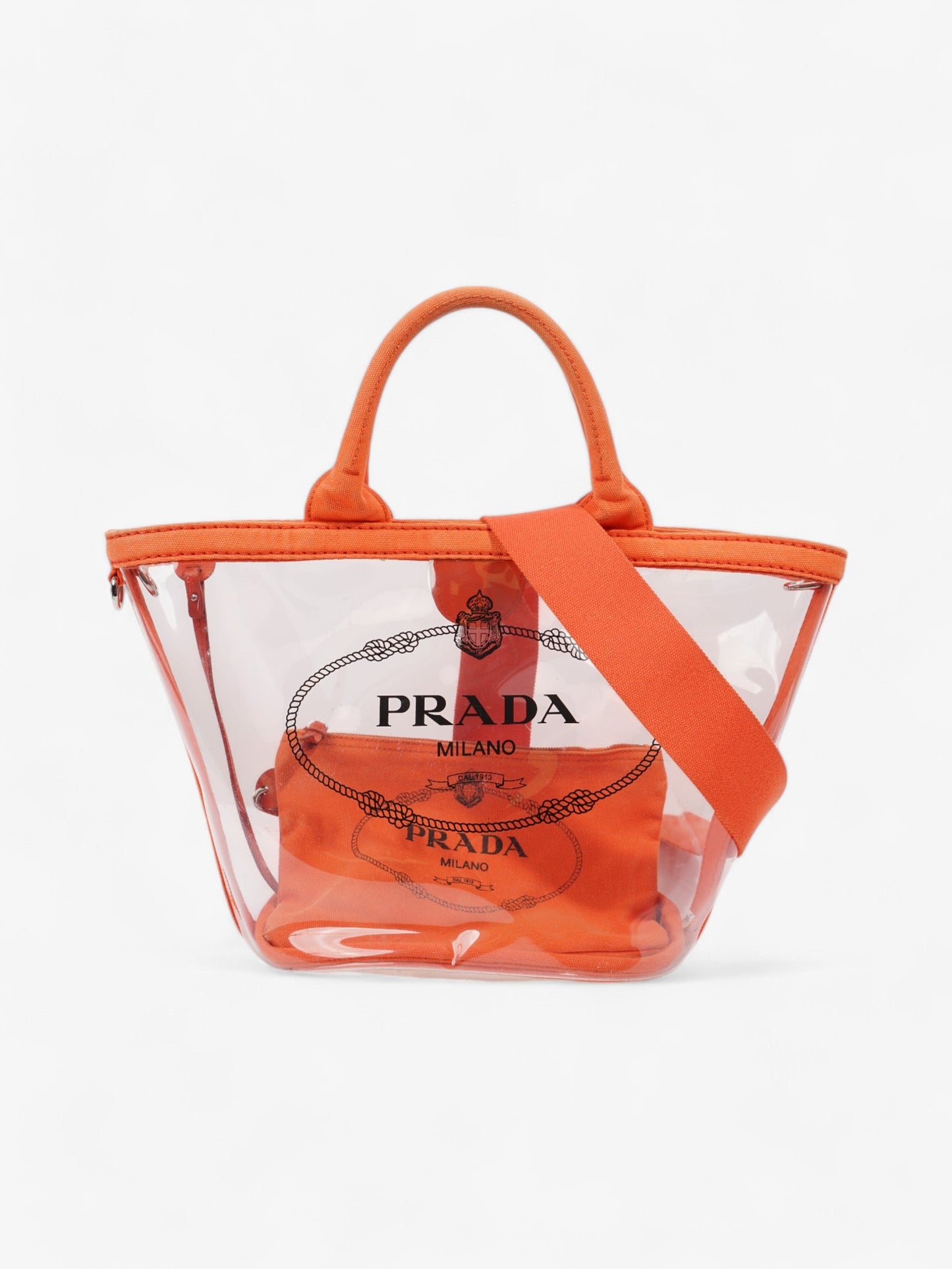 Prada Pvc Clear Print Tote Clear Pvc Orange Logo Tote Bag