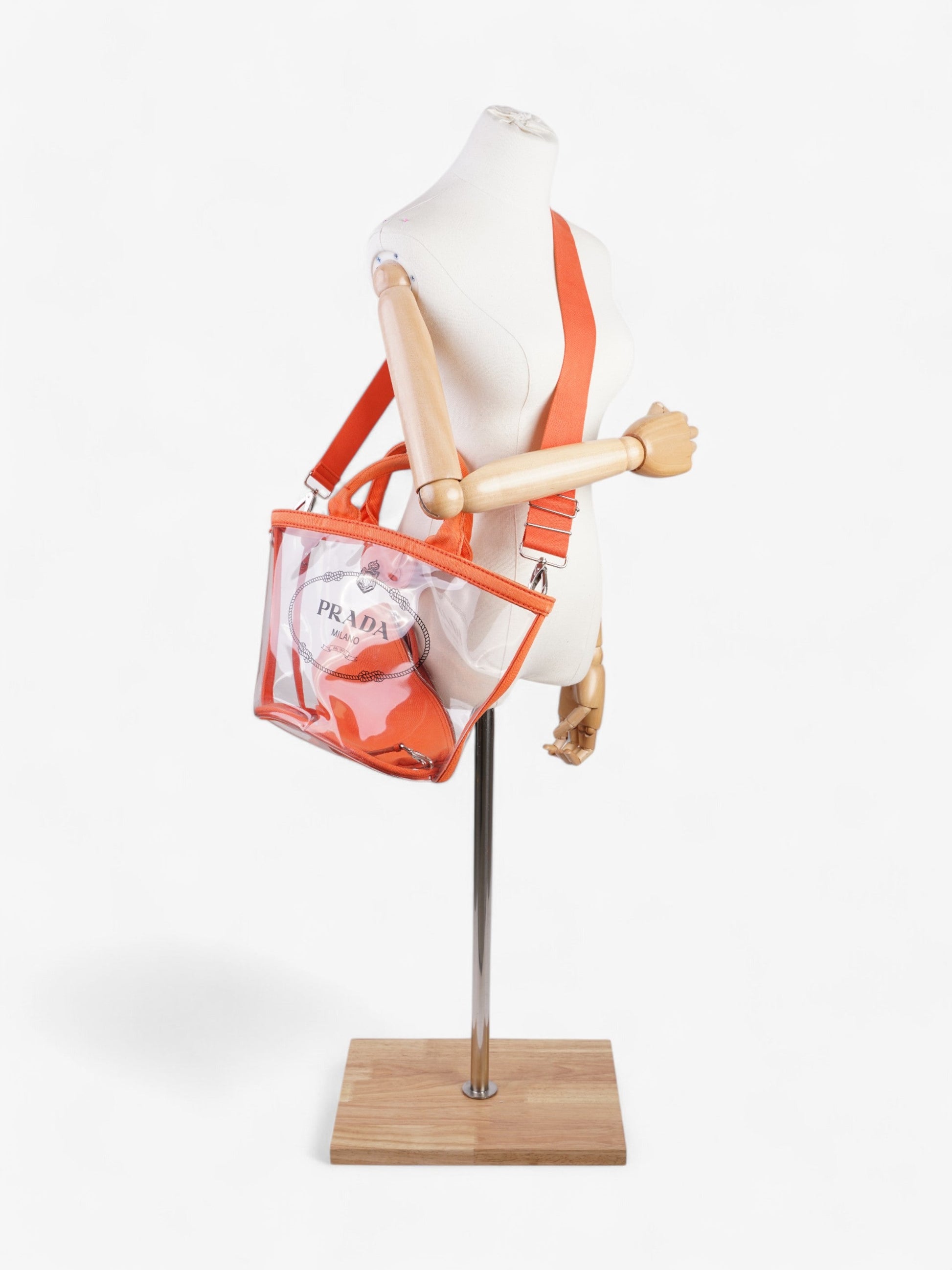 Prada Pvc Clear Print Tote Clear Pvc Orange Logo Tote Bag