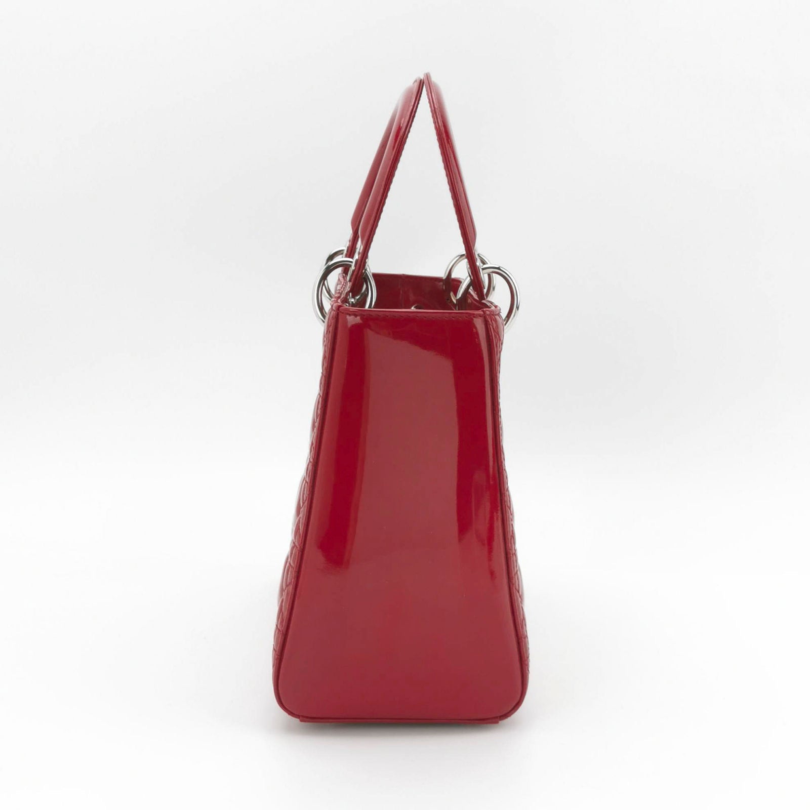 Dior Lady Medium Burgundy Patent Handbag Hardware Leather Red Travel Bag Silver Hardware
