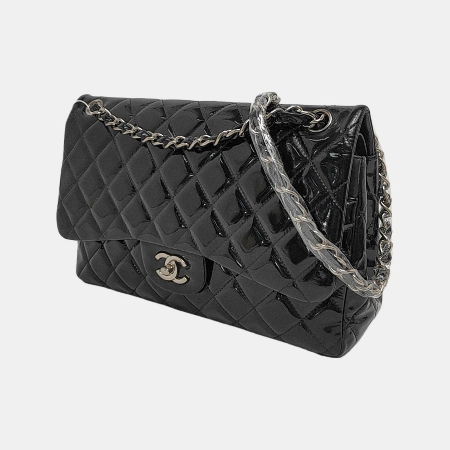 Chanel Classic Flap Jumbo Patent Single Flap Black Silver Leather Handbag
