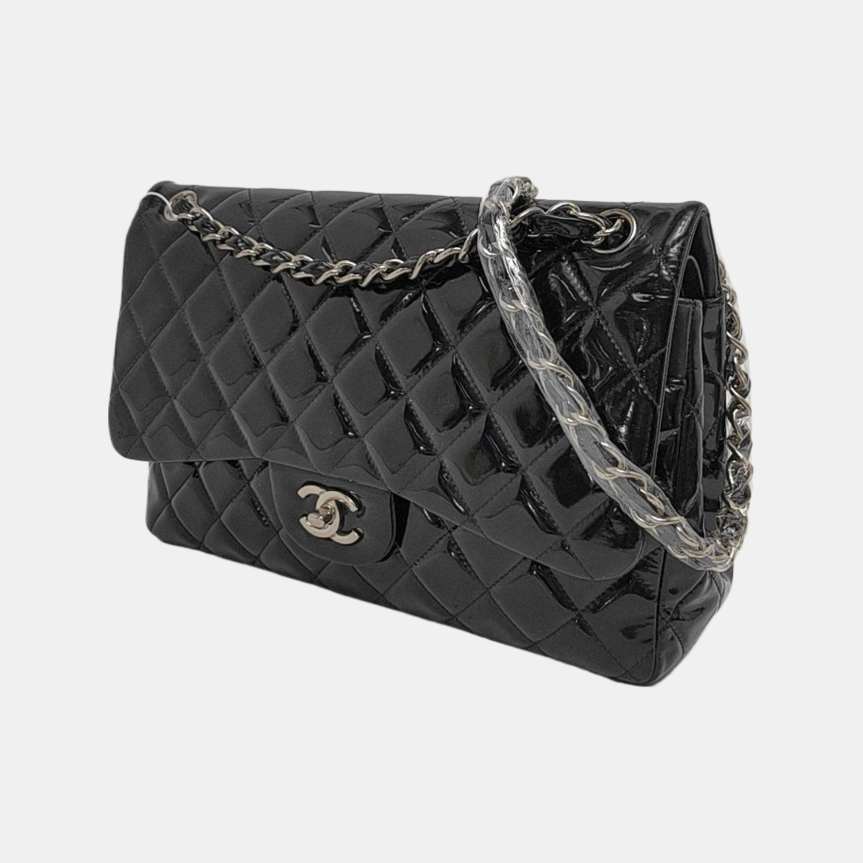 Chanel Classic Flap Jumbo Patent Single Flap Black Silver Leather Handbag