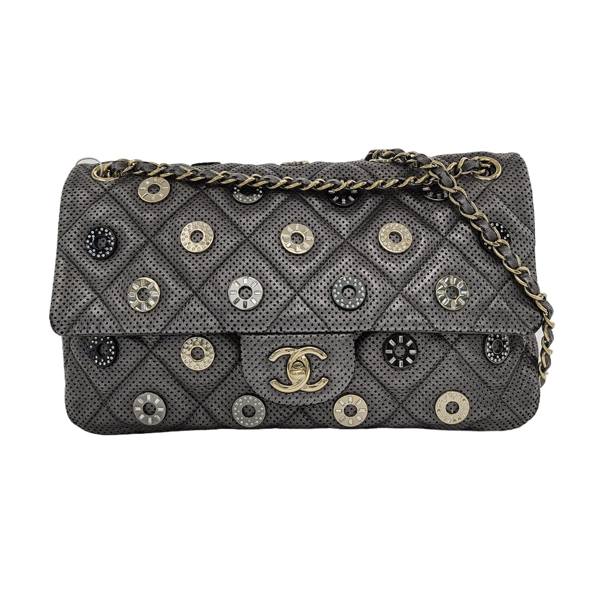 Chanel Paris-Dubai Jumbo Perforated Lambskin Buttons Hardware Gold Grey Leather Handbag