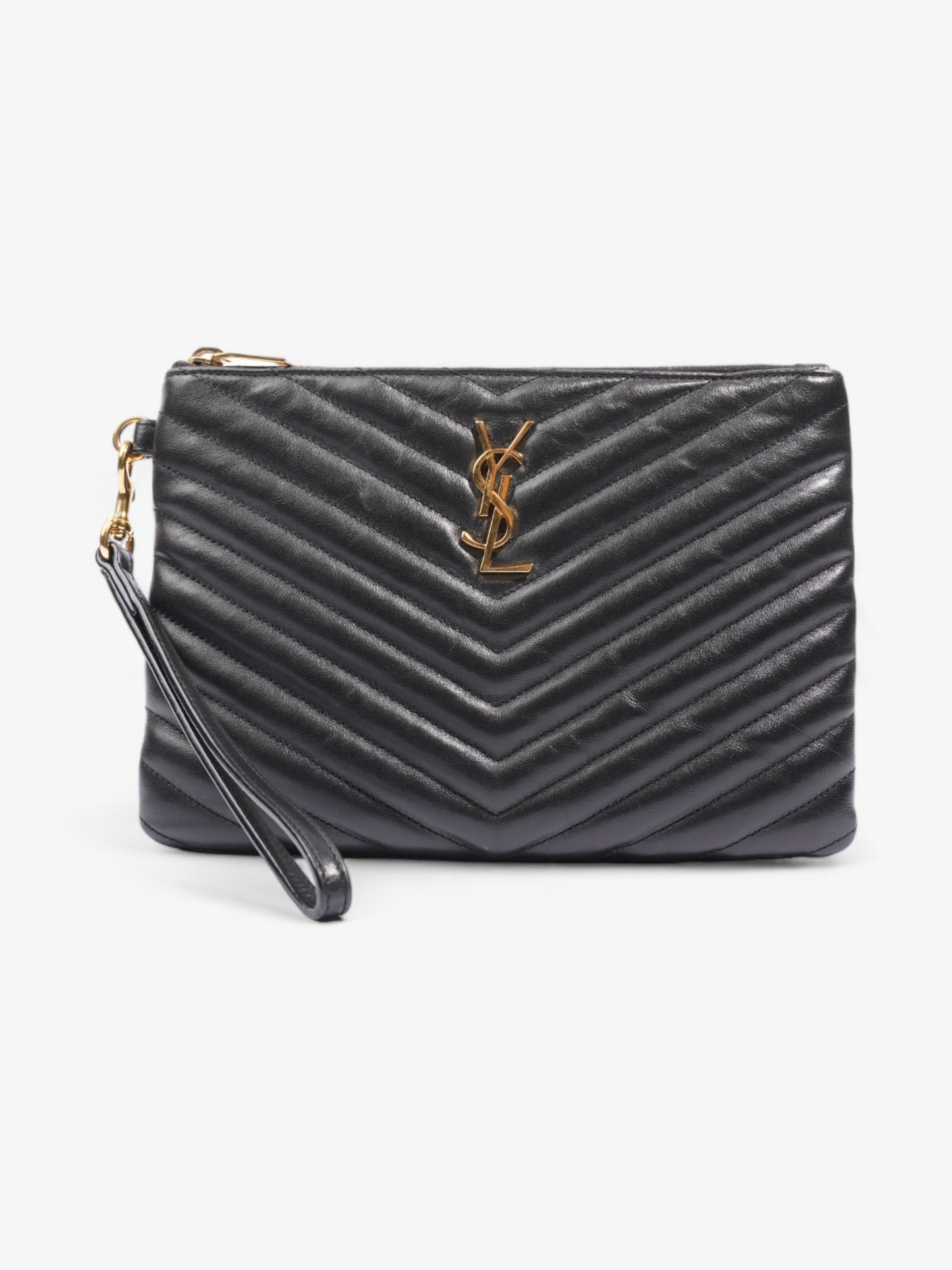 YSL Saint Laurent Wristlet Clutch Bag Leather Monogram Black