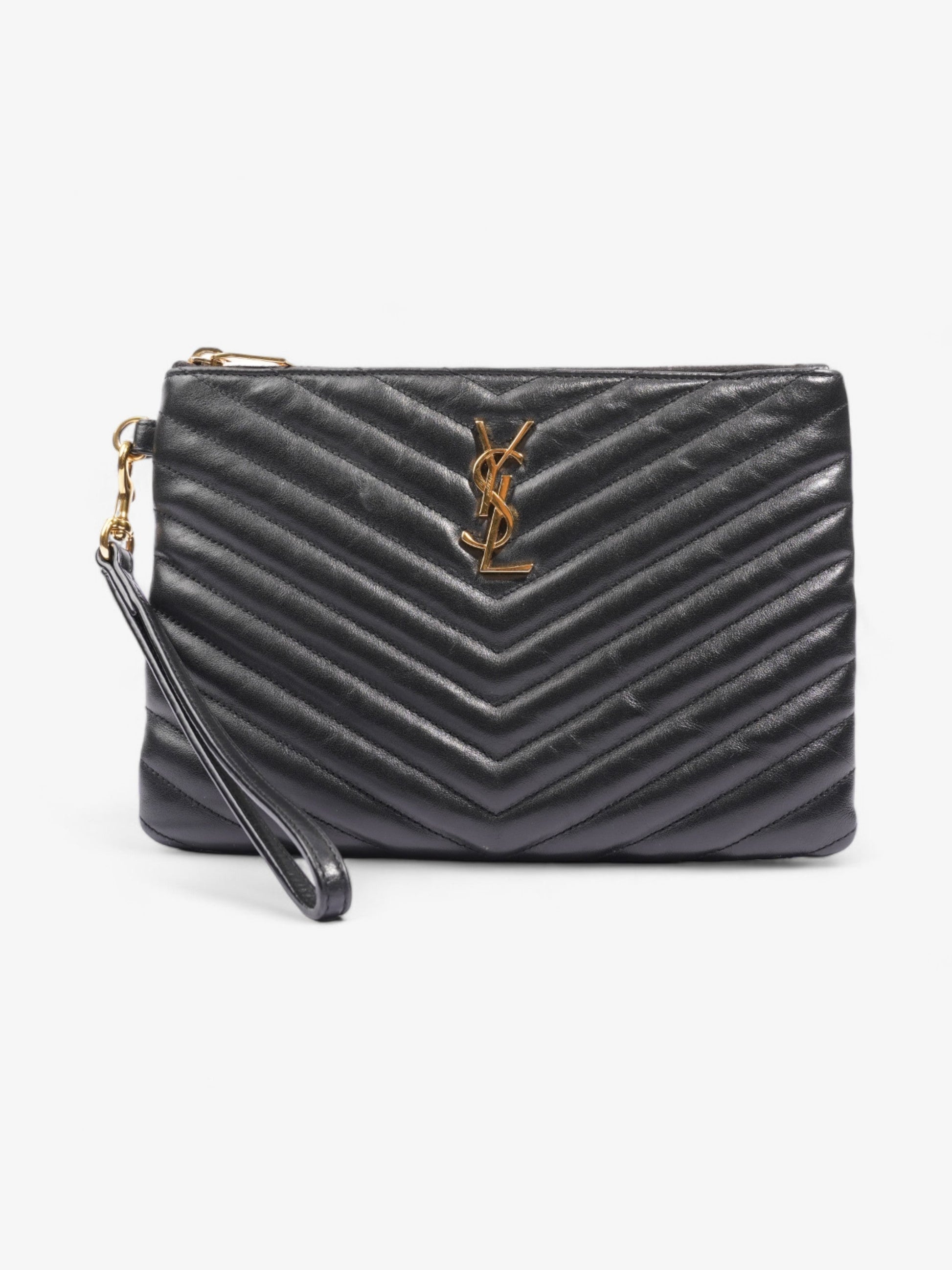 YSL Saint Laurent Wristlet Clutch Bag Leather Monogram Black