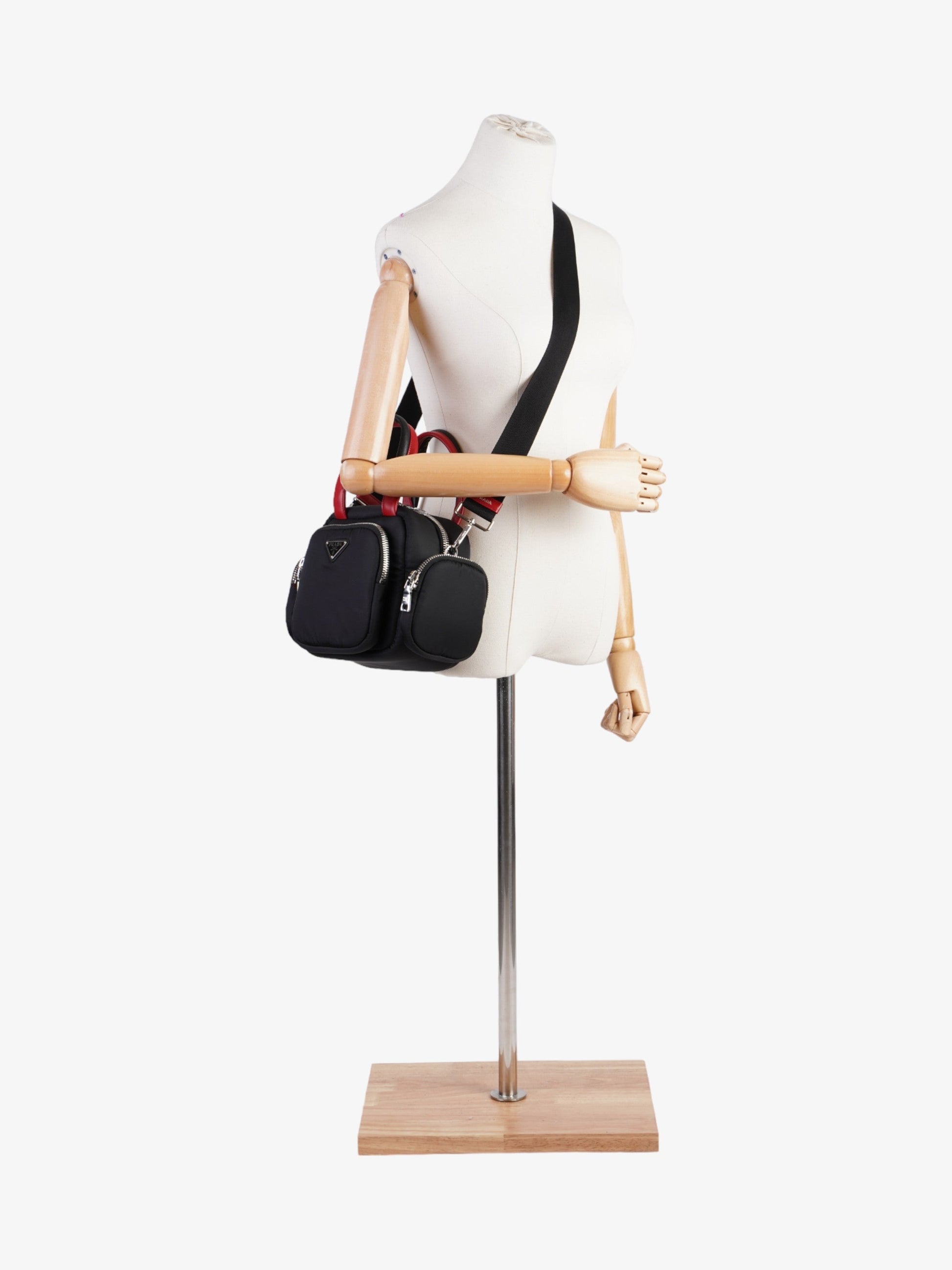 Prada Cargo Pocket Tote Re Nylon Black Red Crossbody Bag