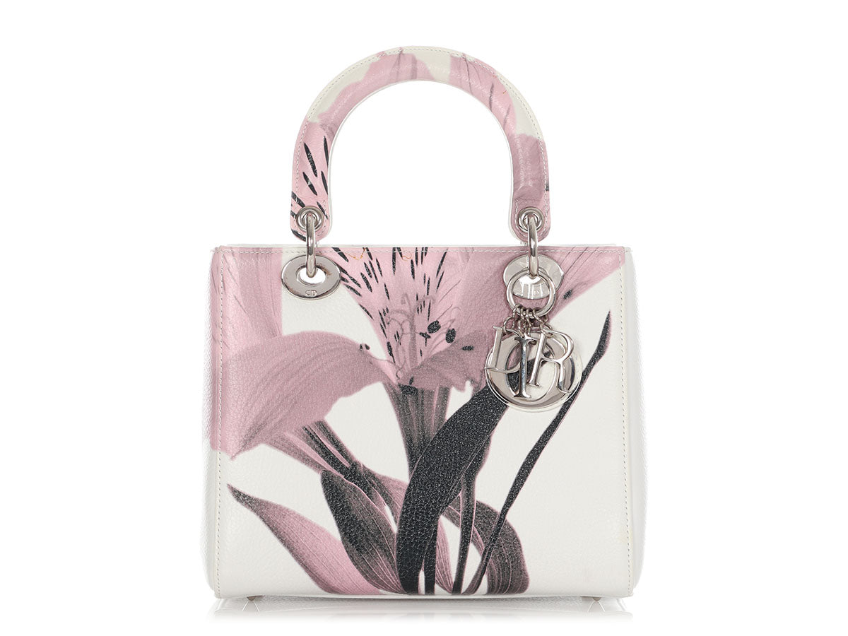 Dior And Deerskin Floral Lady Satchel Bag White Pink Medium