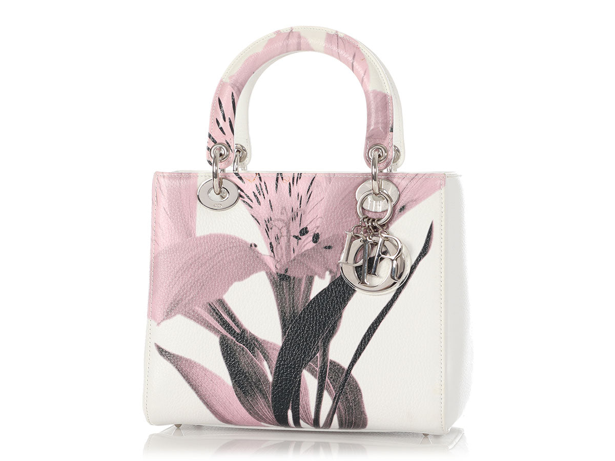 Dior And Deerskin Floral Lady Satchel Bag White Pink Medium