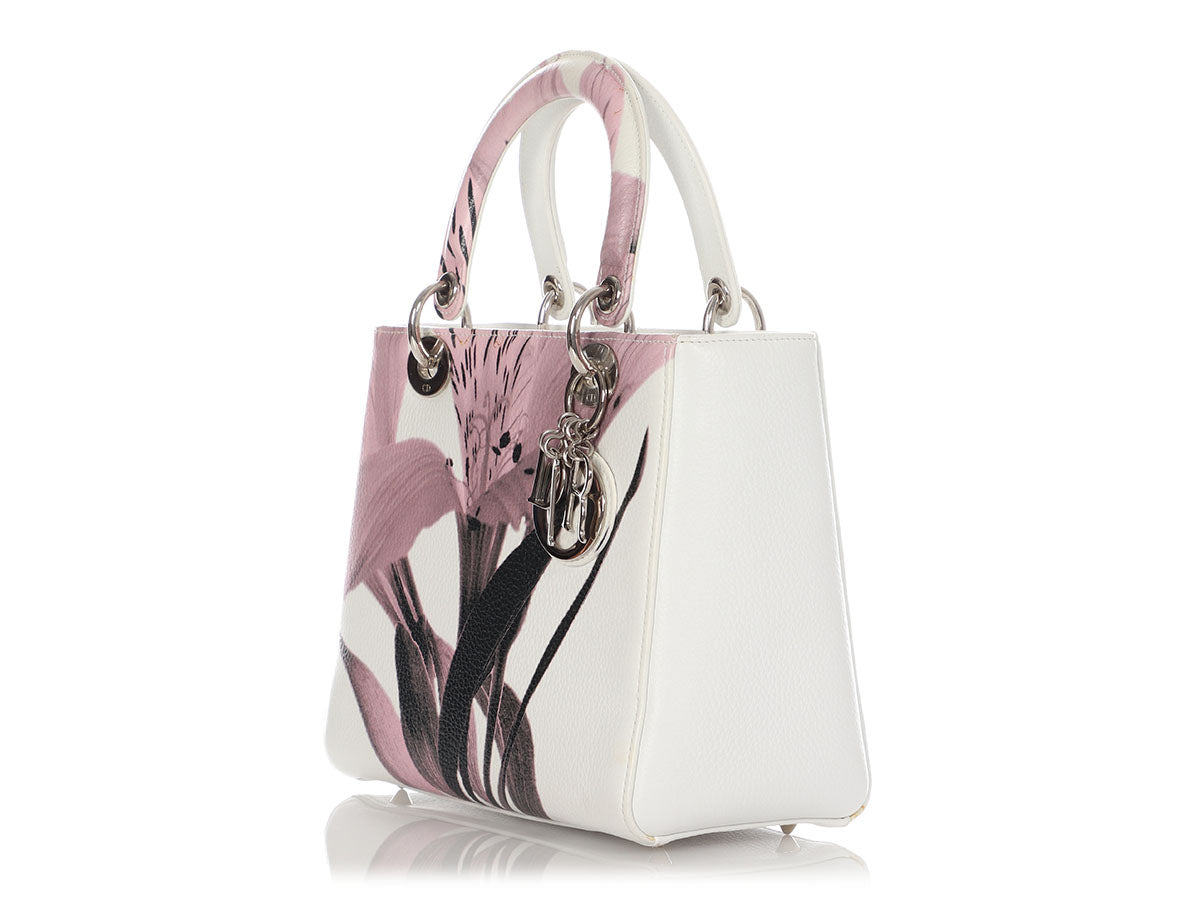 Dior And Deerskin Floral Lady Satchel Bag White Pink Medium