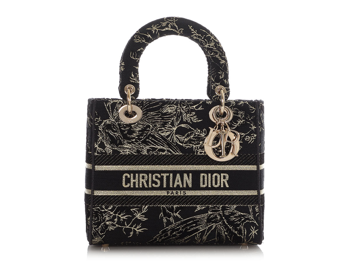 Dior And Toile De Jouy Embroidery Lady Lite Bag Black Gold Medium Tote Bag