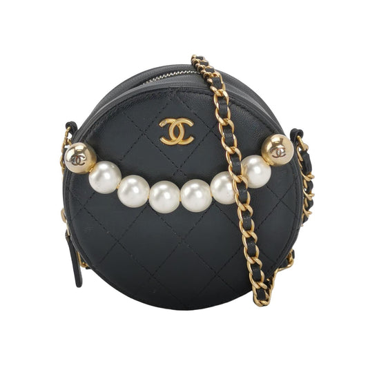 Chanel Round Lambskin Matelasse Pearls Black Leather Crossbody Bag