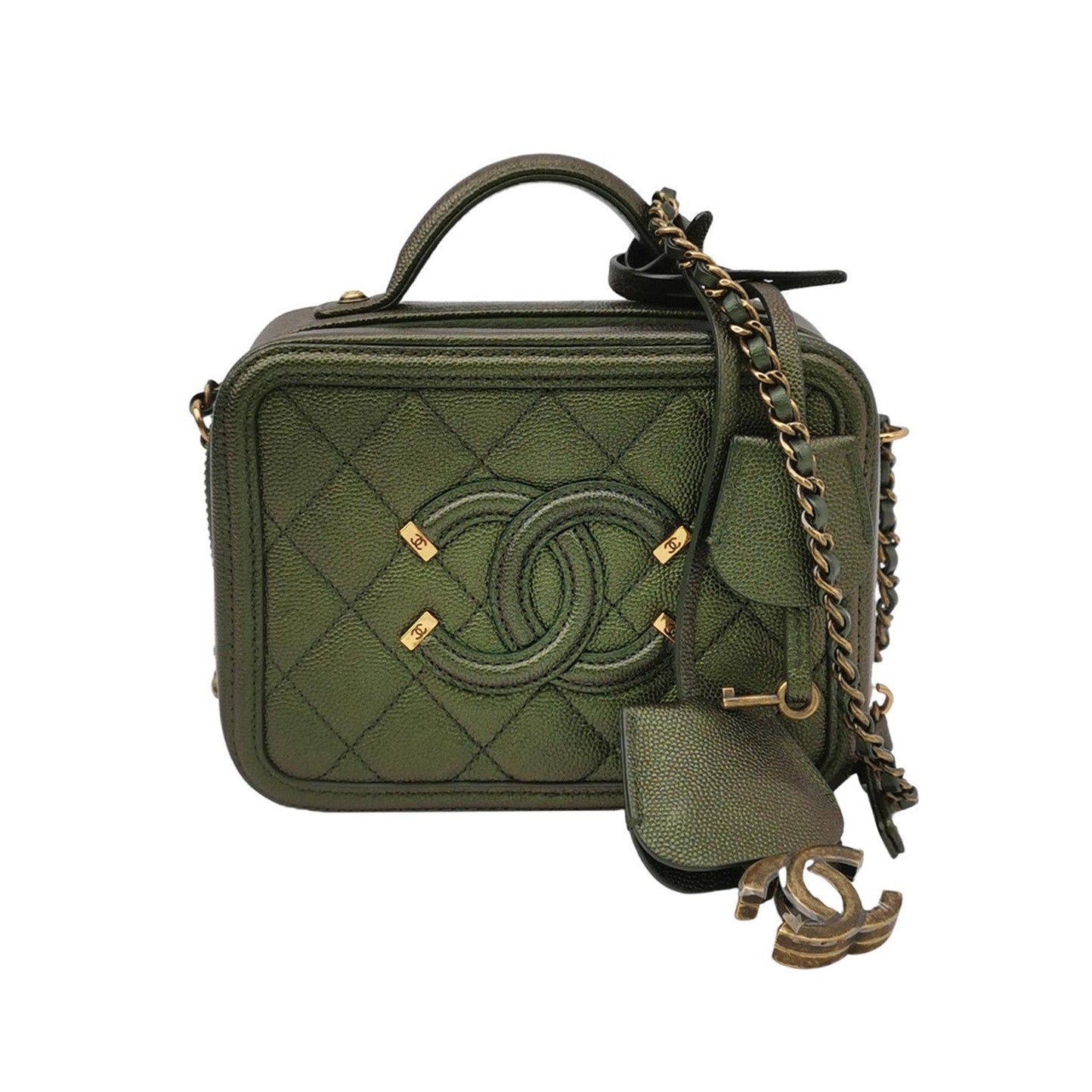 Chanel Filigree Vanity Iridescent Caviar Green Leather Mini Bag