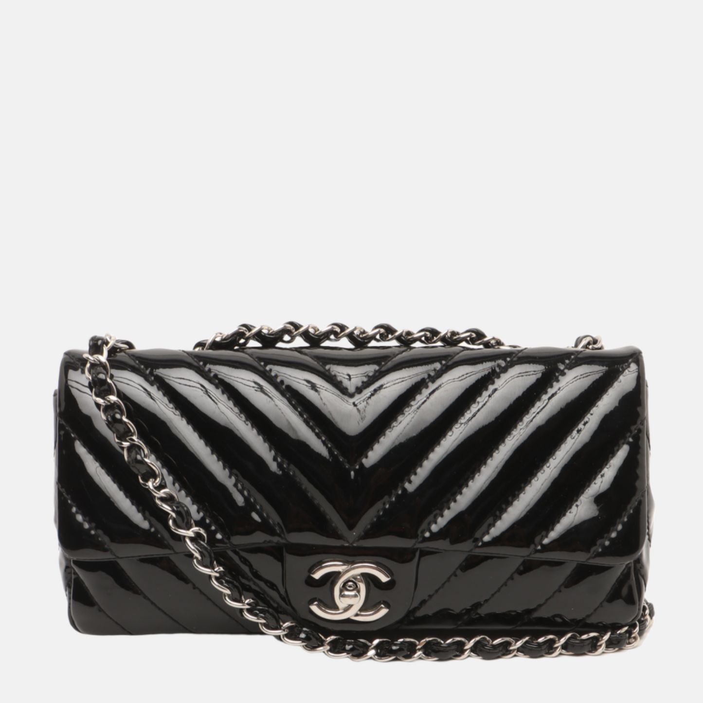 Chanel Baguette Flap Chevron Patent Double Black Silver Leather Shoulder Bag