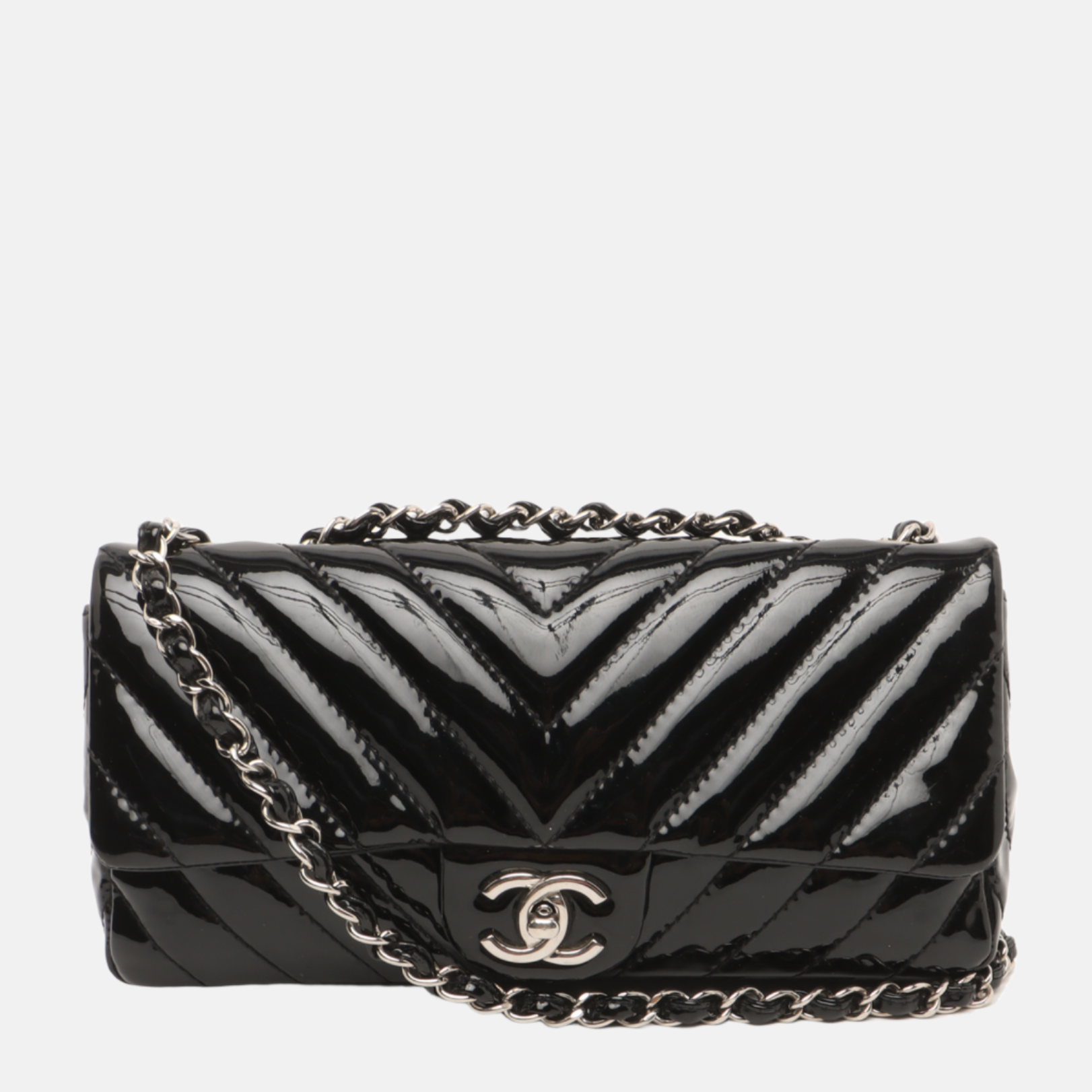 Chanel Baguette Flap Chevron Patent Double Black Silver Leather Shoulder Bag