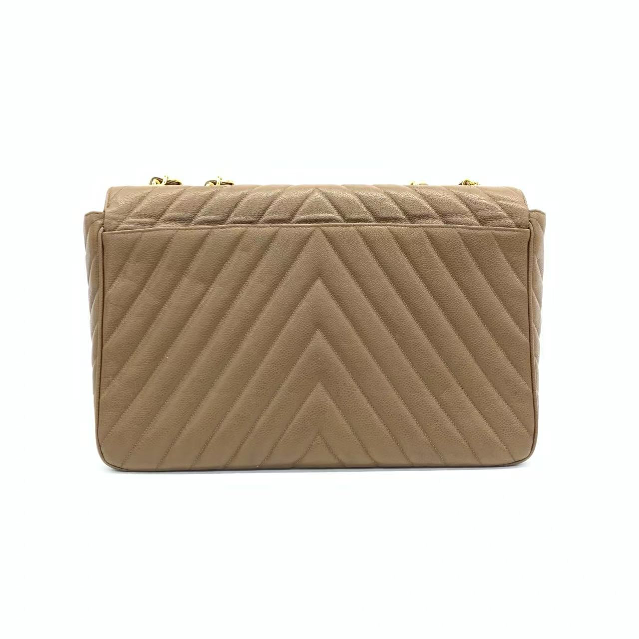 Chanel Classic Maxi Single Flap Taupe Caviar Brown Gold Beige Handbag