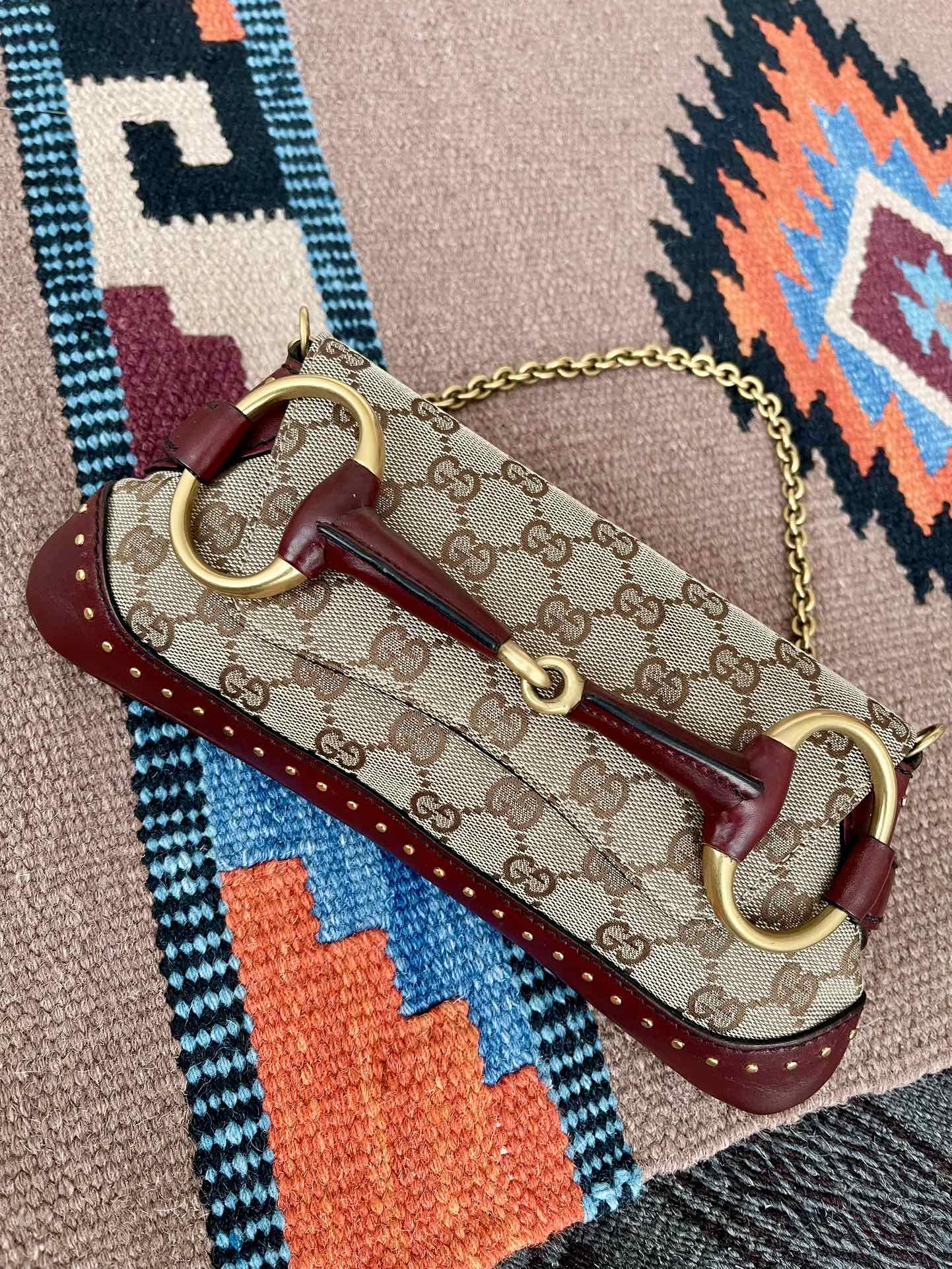 Gucci Horsebit Small Cloth Burgundy Shoulder Bag Leather Monogram
