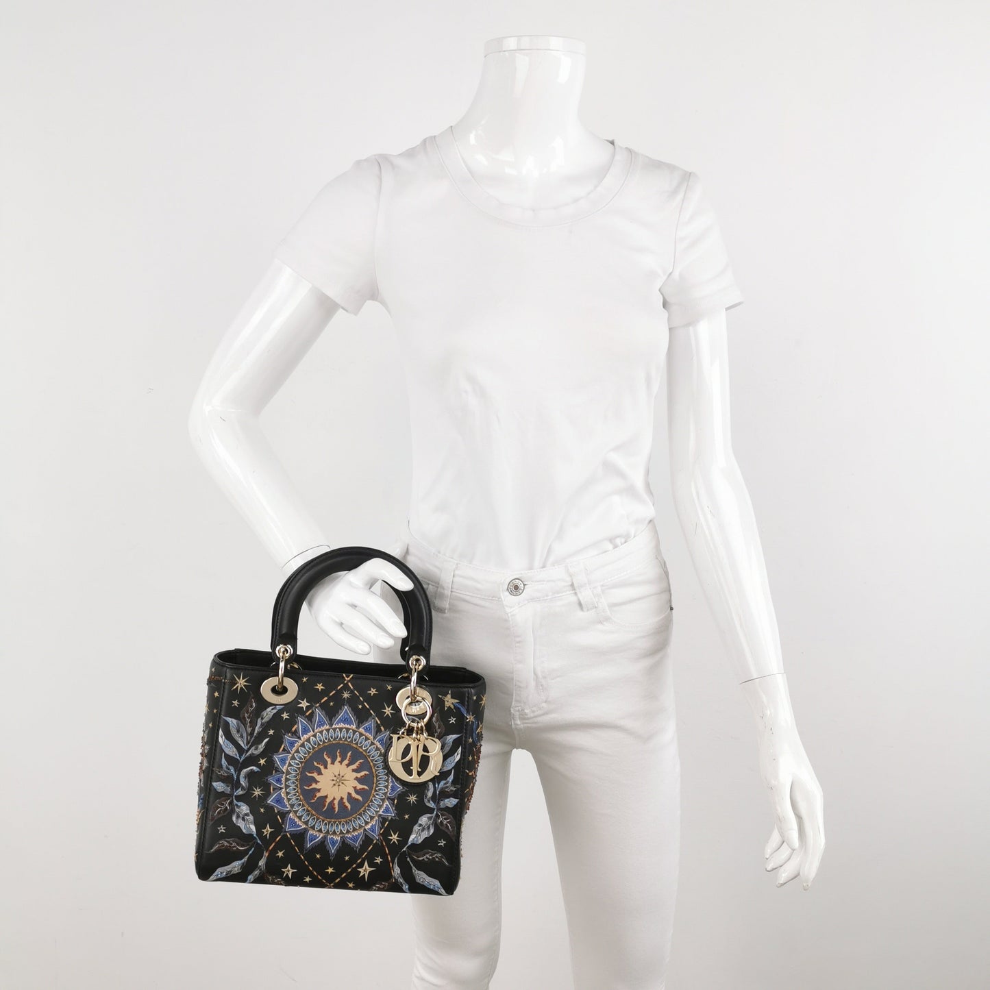 Dior Lady Medium Nature Ballet Star Embroidery Handbag Leather Black Travel Bag