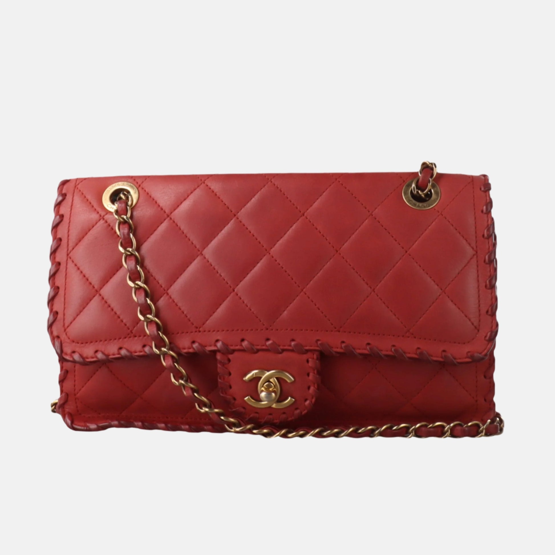 Chanel Classic Flap Happy Stitch Aged Calfskin Red Gold Leather Handbag