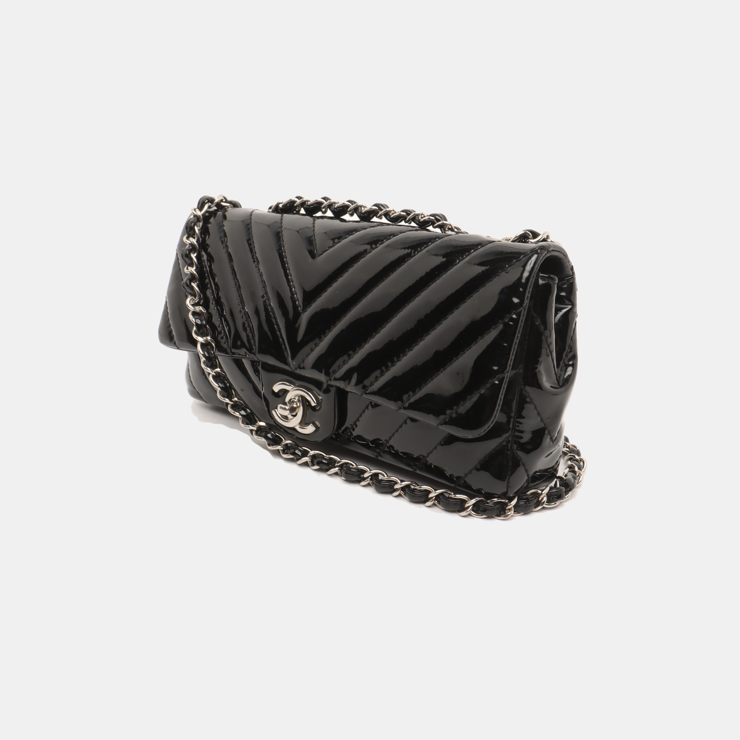Chanel Baguette Flap Chevron Patent Double Black Silver Leather Shoulder Bag