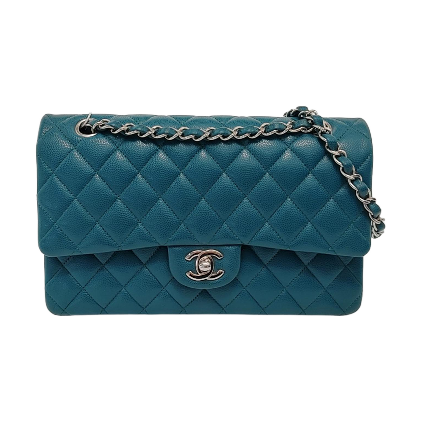 Chanel Classic Flap Teal Caviar Hardware Green Silver Leather Handbag Hardware 1