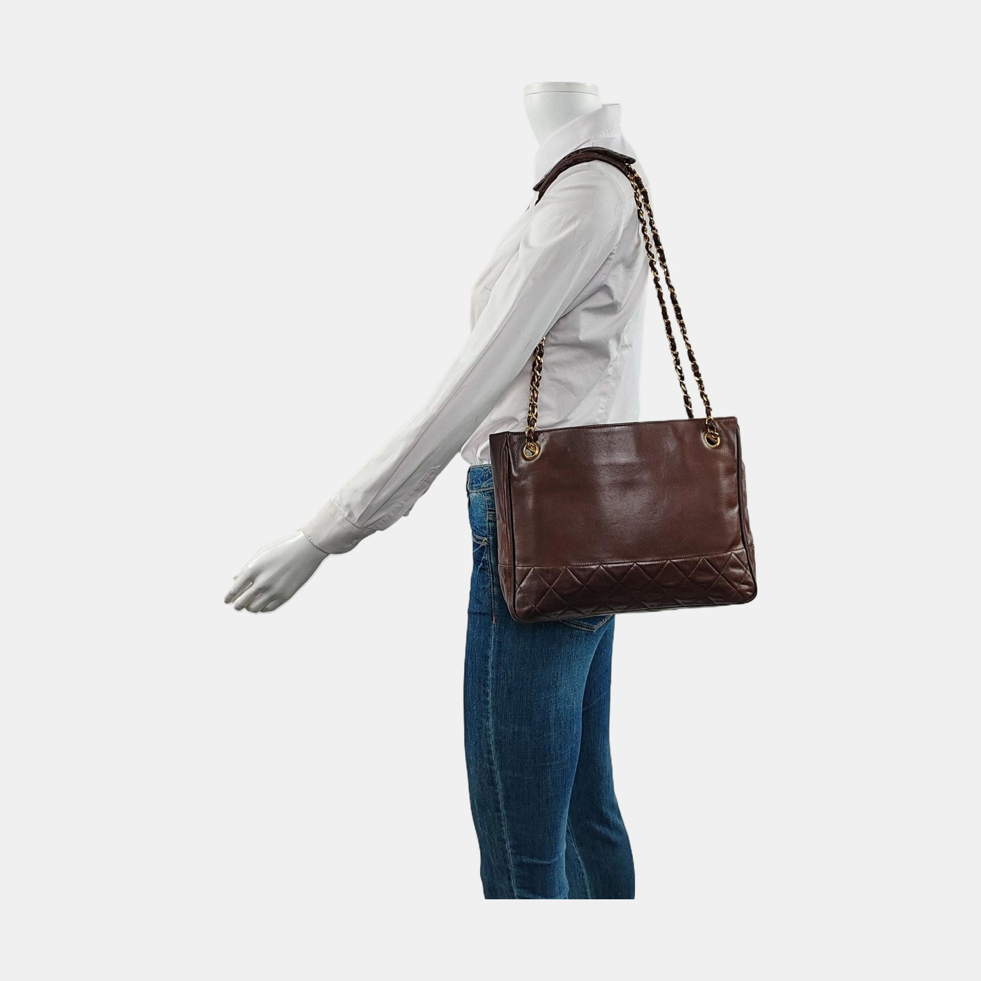 Chanel CC Logo Calfskin Double -88 Brown Gold Leather Tote Bag