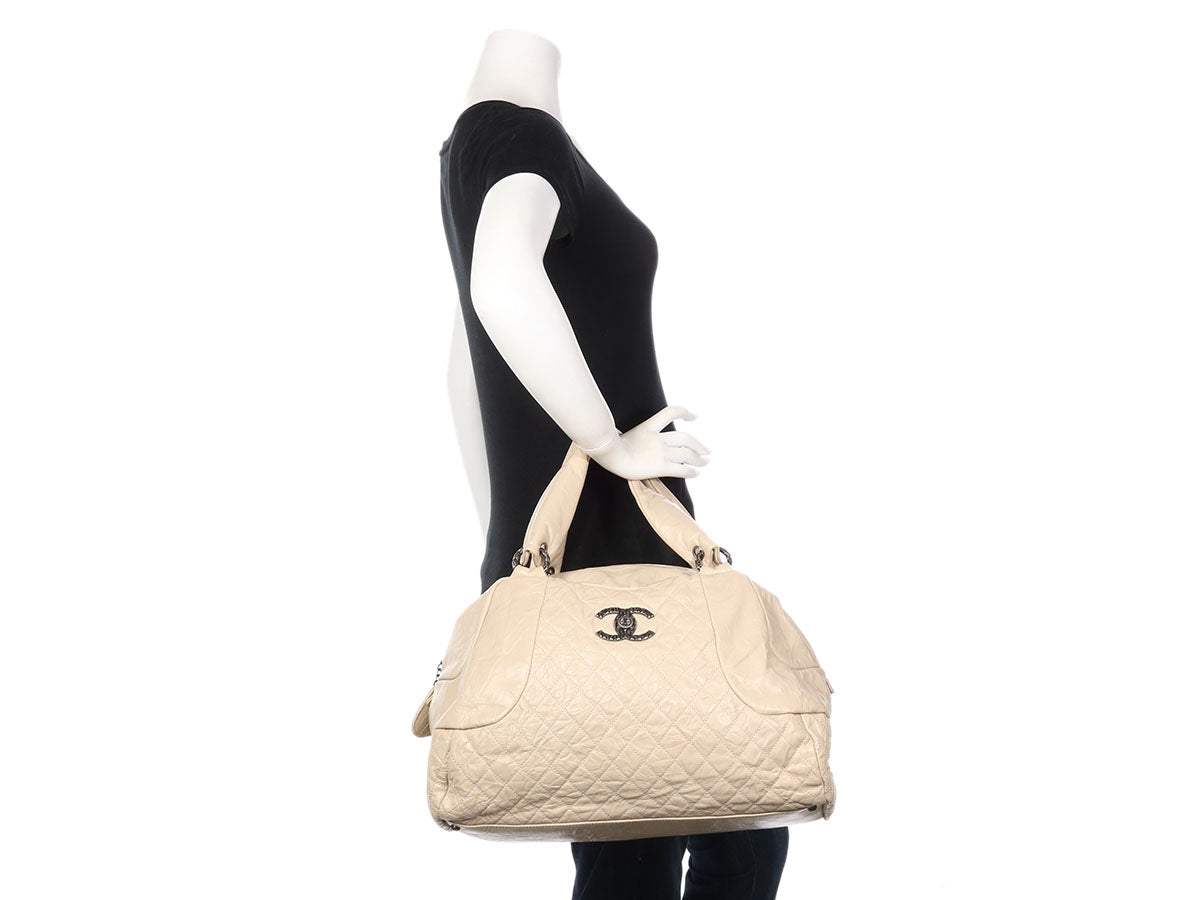 Chanel Extra Crinkled Calfskin Bowler Handbag Cream Large Satchel Bag