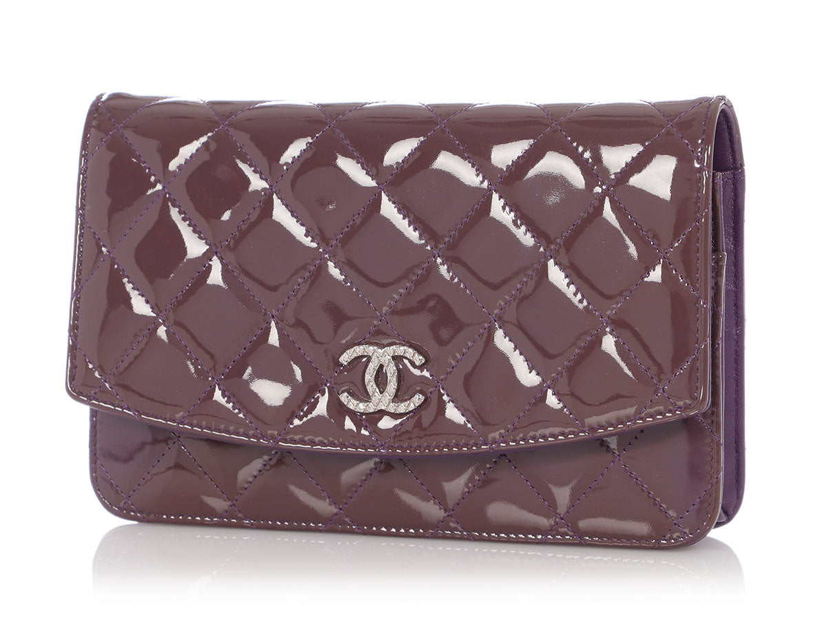 Chanel Violet Patent Brilliant Wallet On WOC Handbag Quilted Chain Crossbody Bag