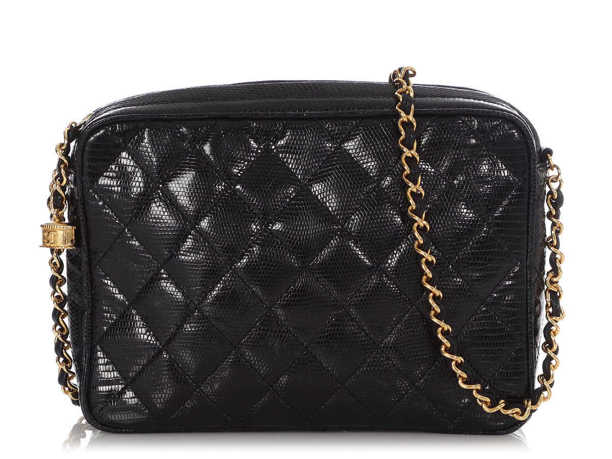 Chanel Lizard Camera Bag Quilted Black Crossbody Bag