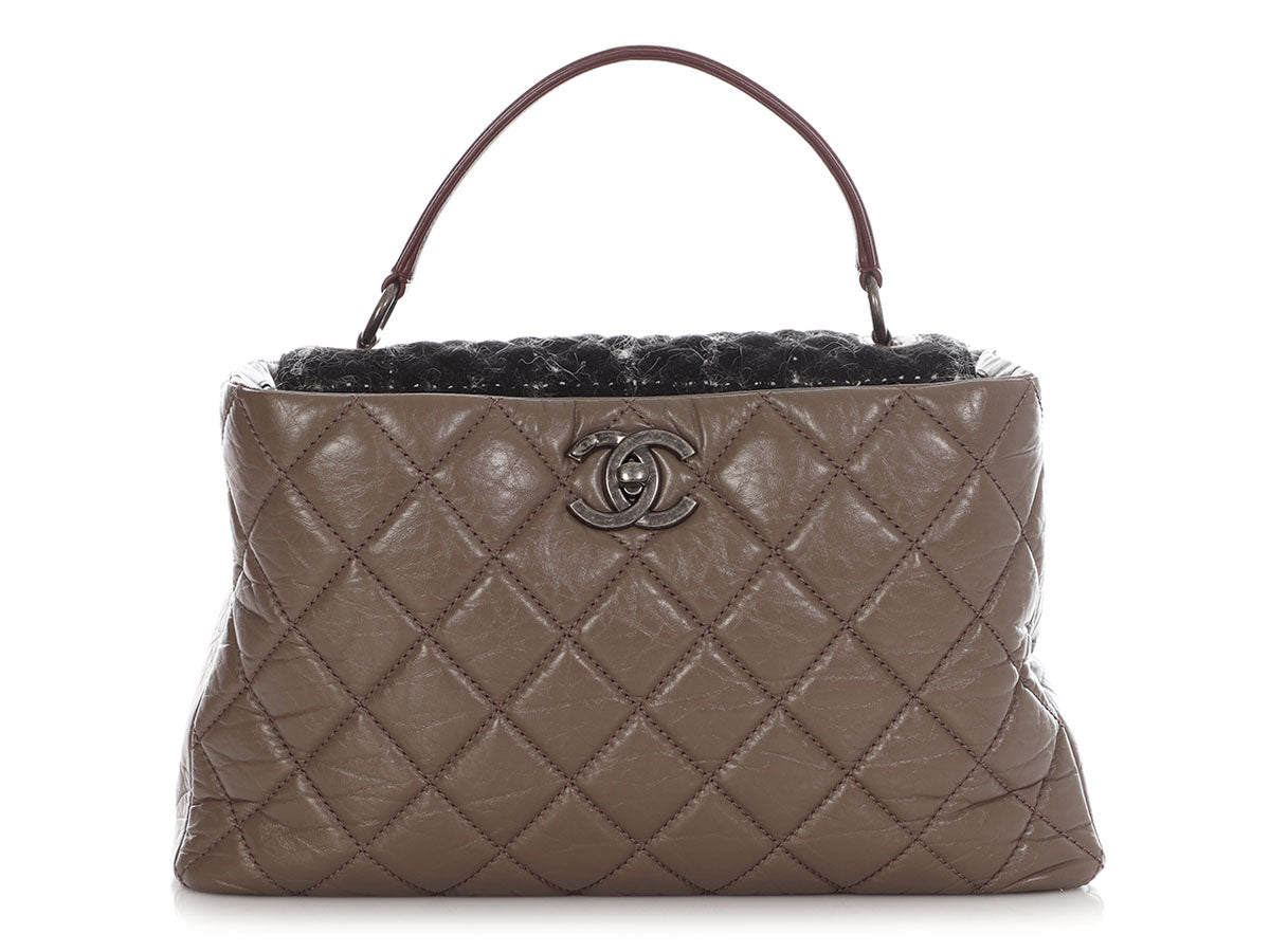 Chanel Tweed and Portobello Glazed Calfskin Top Handle Quilted Handbag
