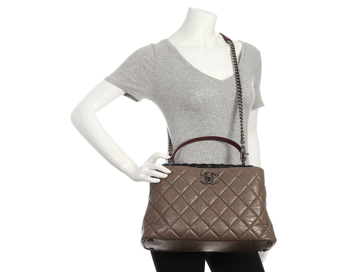 Chanel Tweed and Portobello Glazed Calfskin Top Handle Quilted Handbag