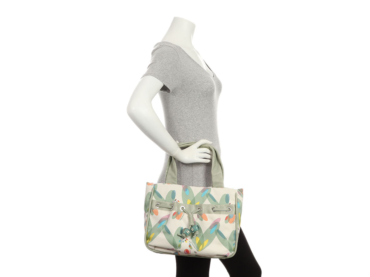 Chanel Light Lambskin and Multicolor Tote Canvas Green Tote Bag