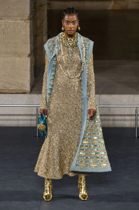 Chanel A Runway CC Logo Lesage Knit Mermaid Long Dress Gold