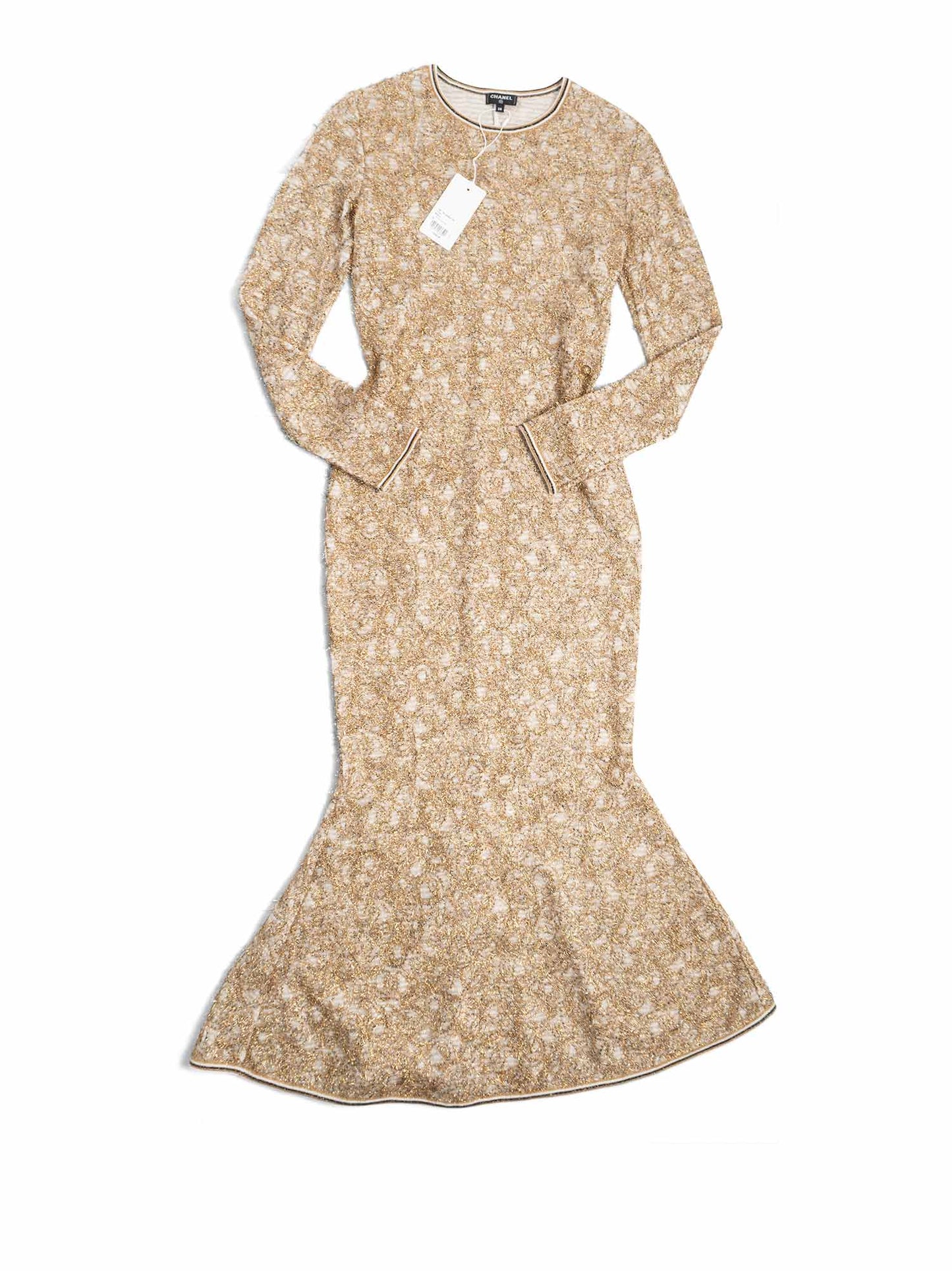 Chanel A Runway CC Logo Lesage Knit Mermaid Long Dress Gold