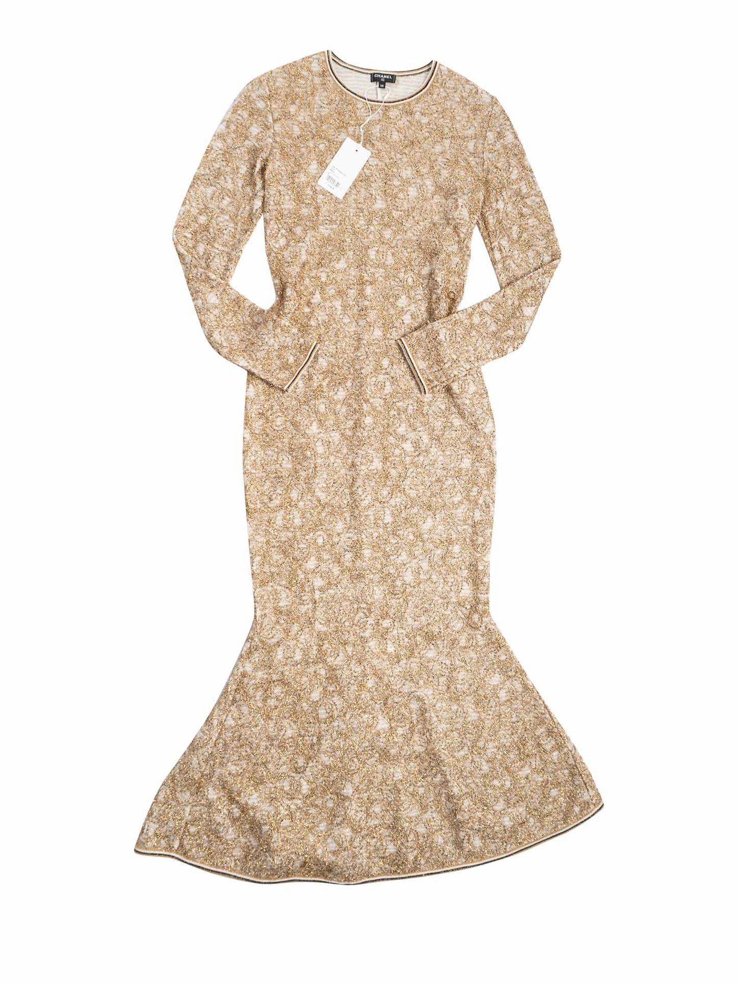 Chanel A Runway CC Logo Lesage Knit Mermaid Long Dress Gold