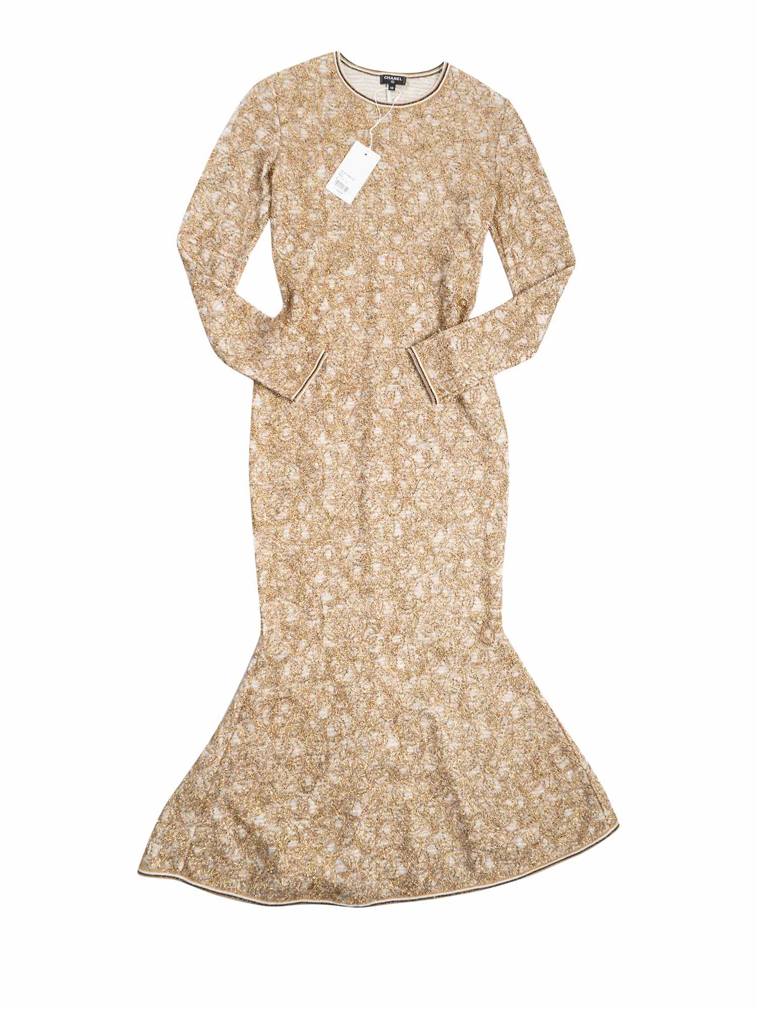 Chanel A Runway CC Logo Lesage Knit Mermaid Long Dress Gold