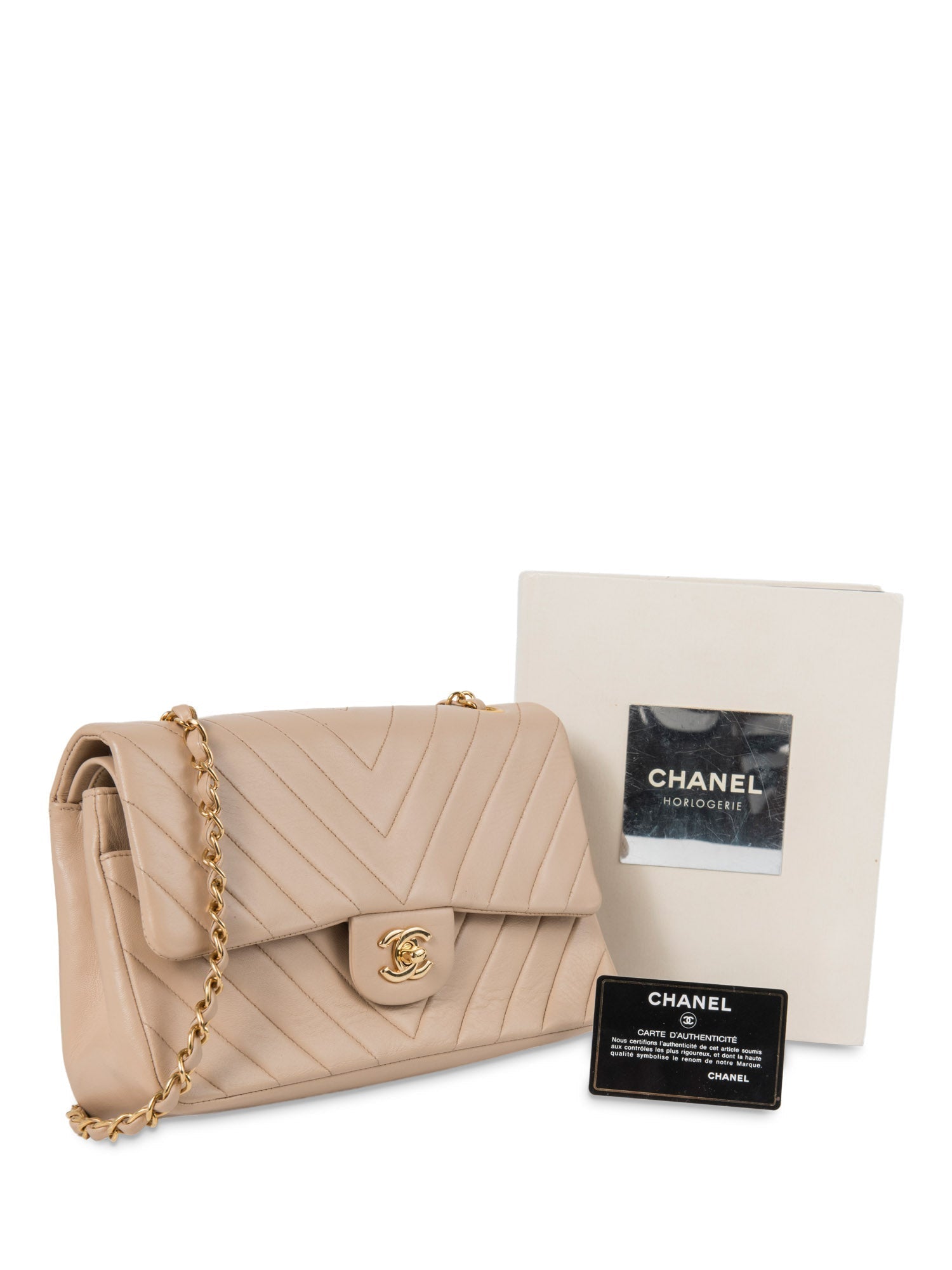 Chanel . Chevron Quilted K Gold Plated Medium Double Flap Bag Beige