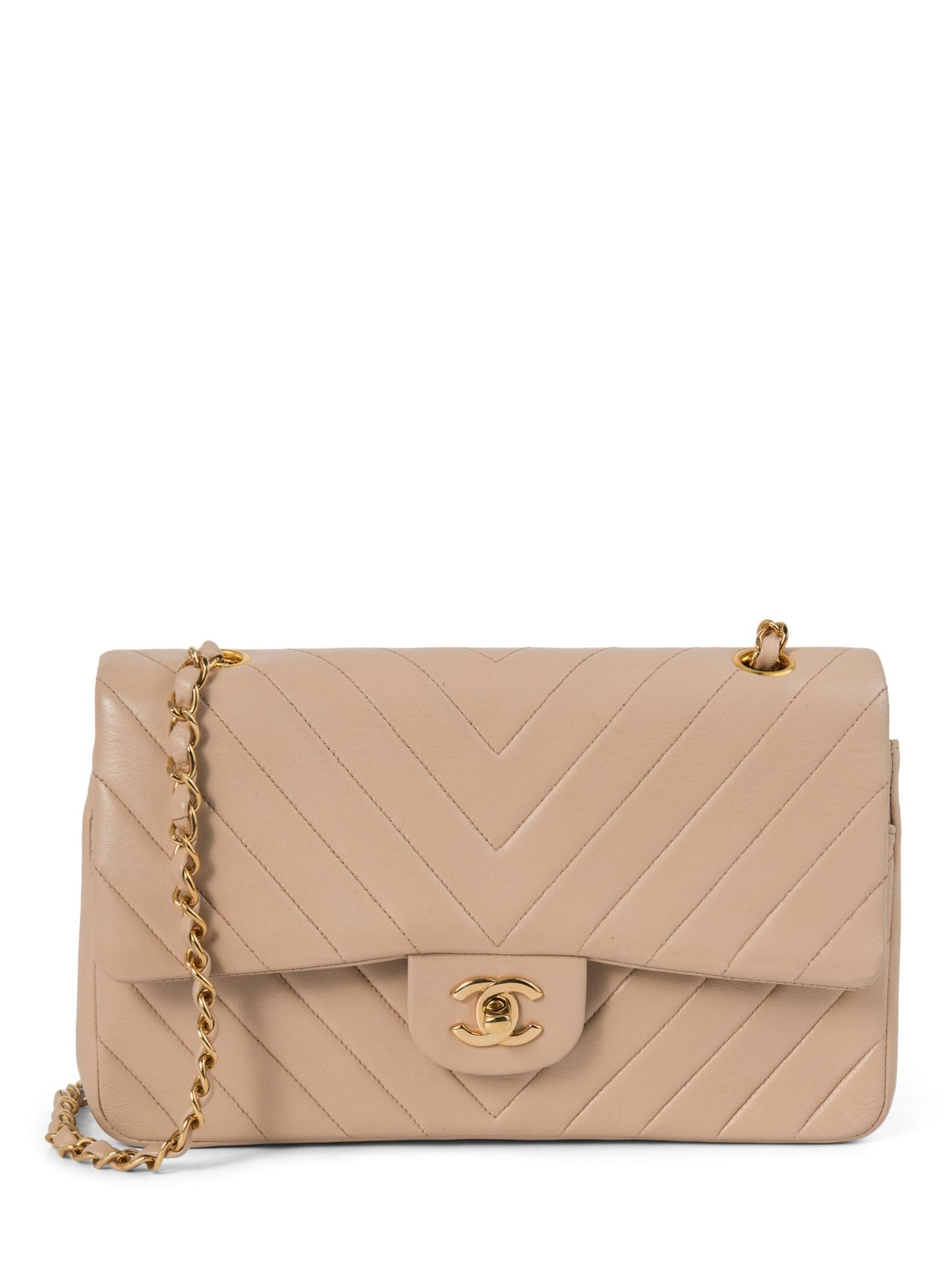 Chanel . Chevron Quilted K Gold Plated Medium Double Flap Bag Beige