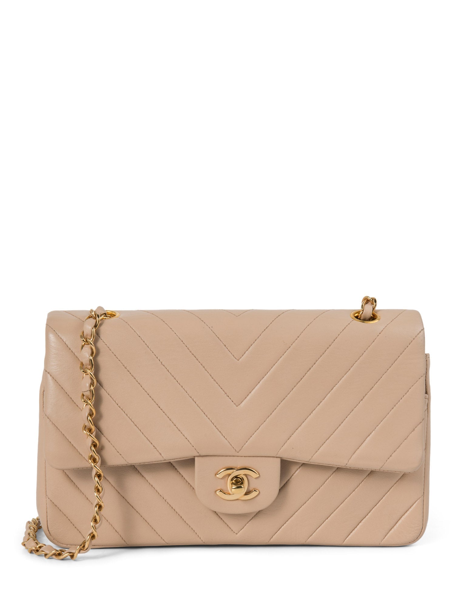 Chanel . Chevron Quilted K Gold Plated Medium Double Flap Bag Beige