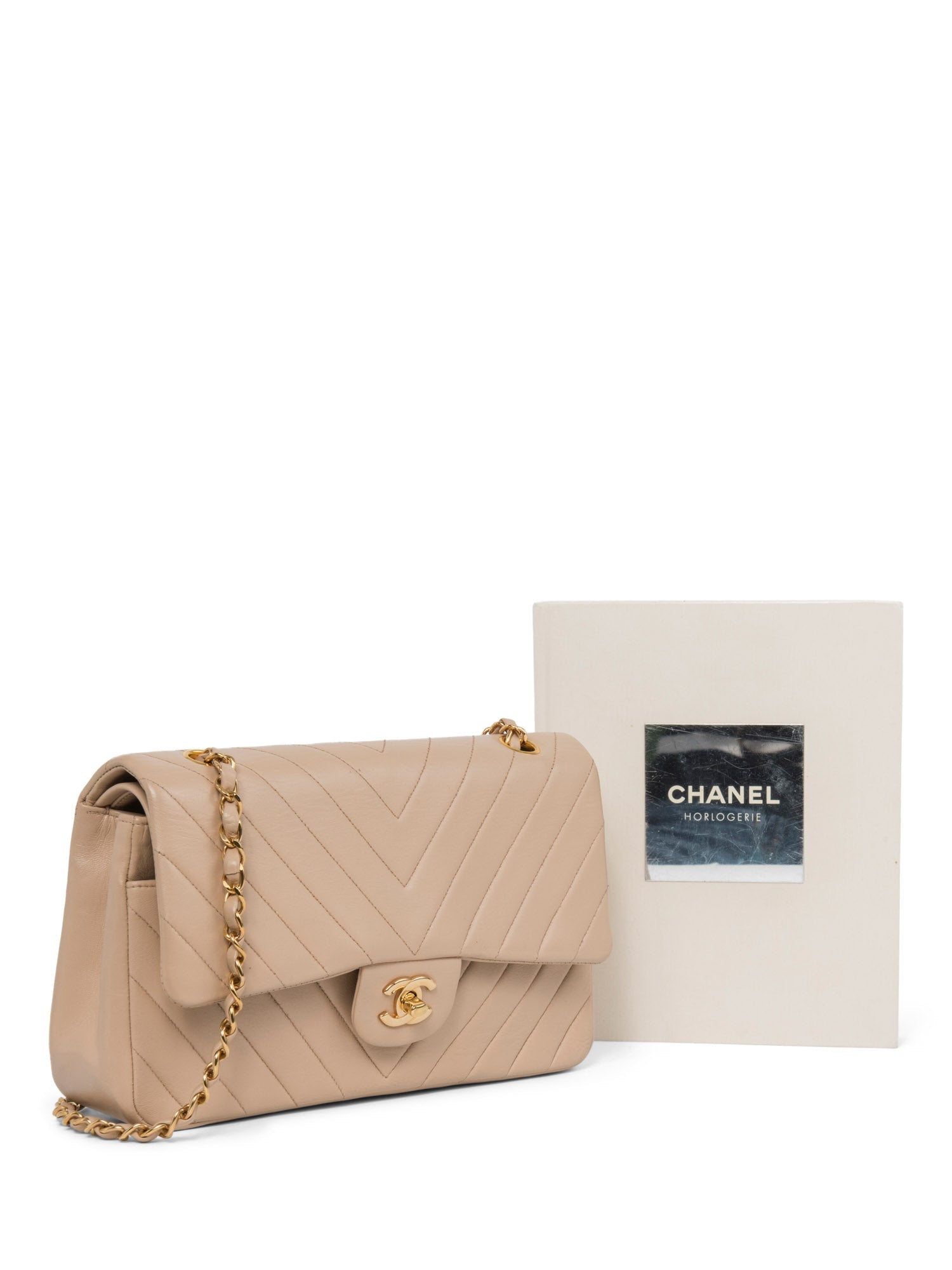 Chanel . Chevron Quilted K Gold Plated Medium Double Flap Bag Beige