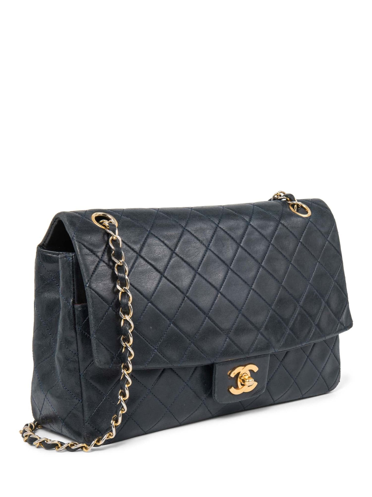 Chanel . Quilted K Gold Plated Medium Flap Bag Navy Blue