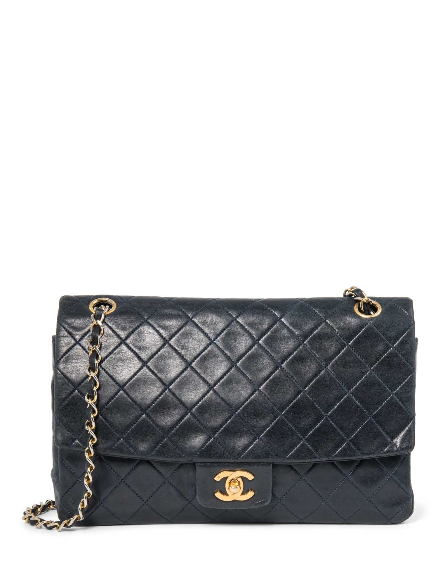 Chanel . Quilted K Gold Plated Medium Flap Bag Navy Blue