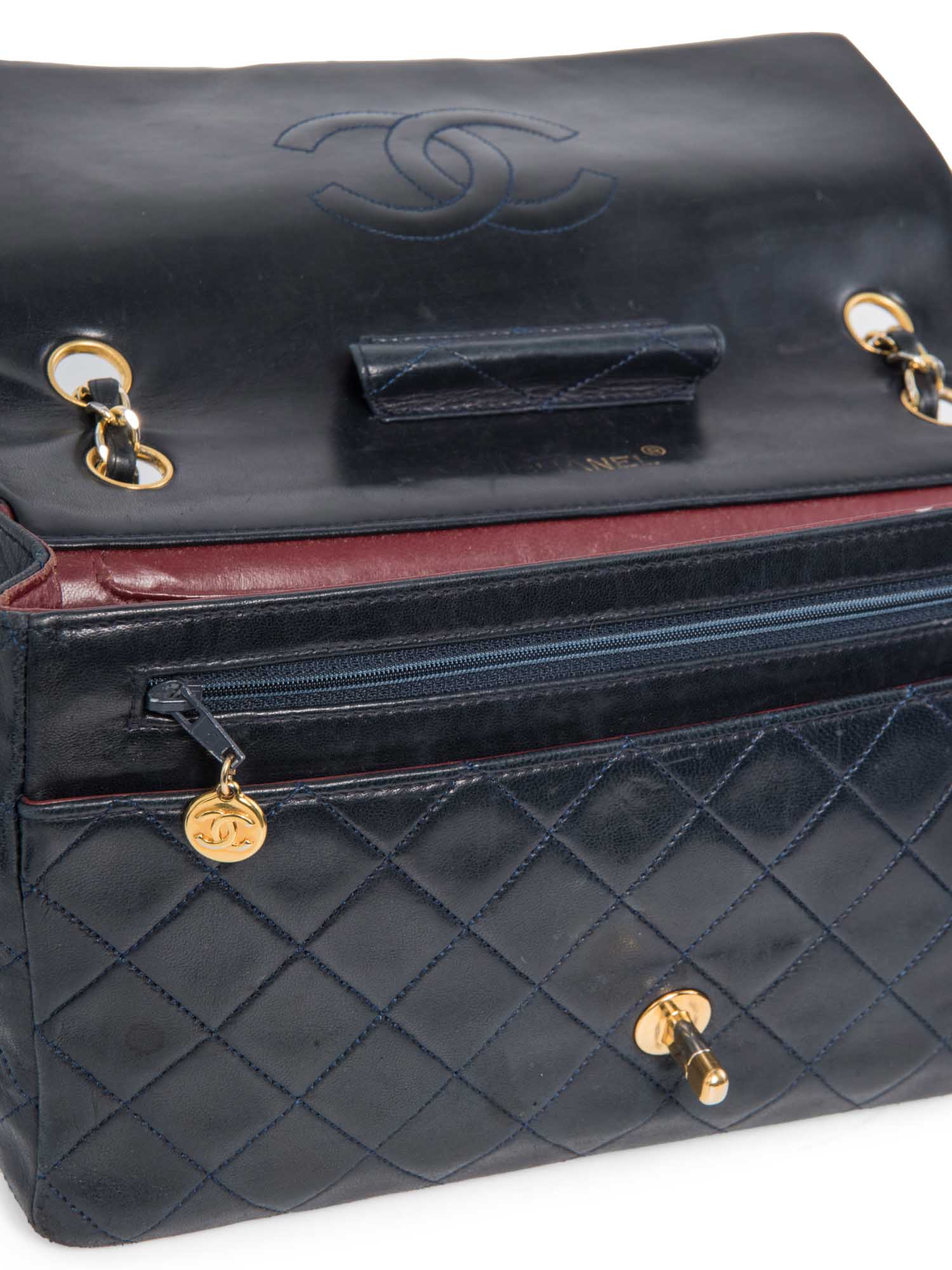 Chanel . Quilted K Gold Plated Medium Flap Bag Navy Blue