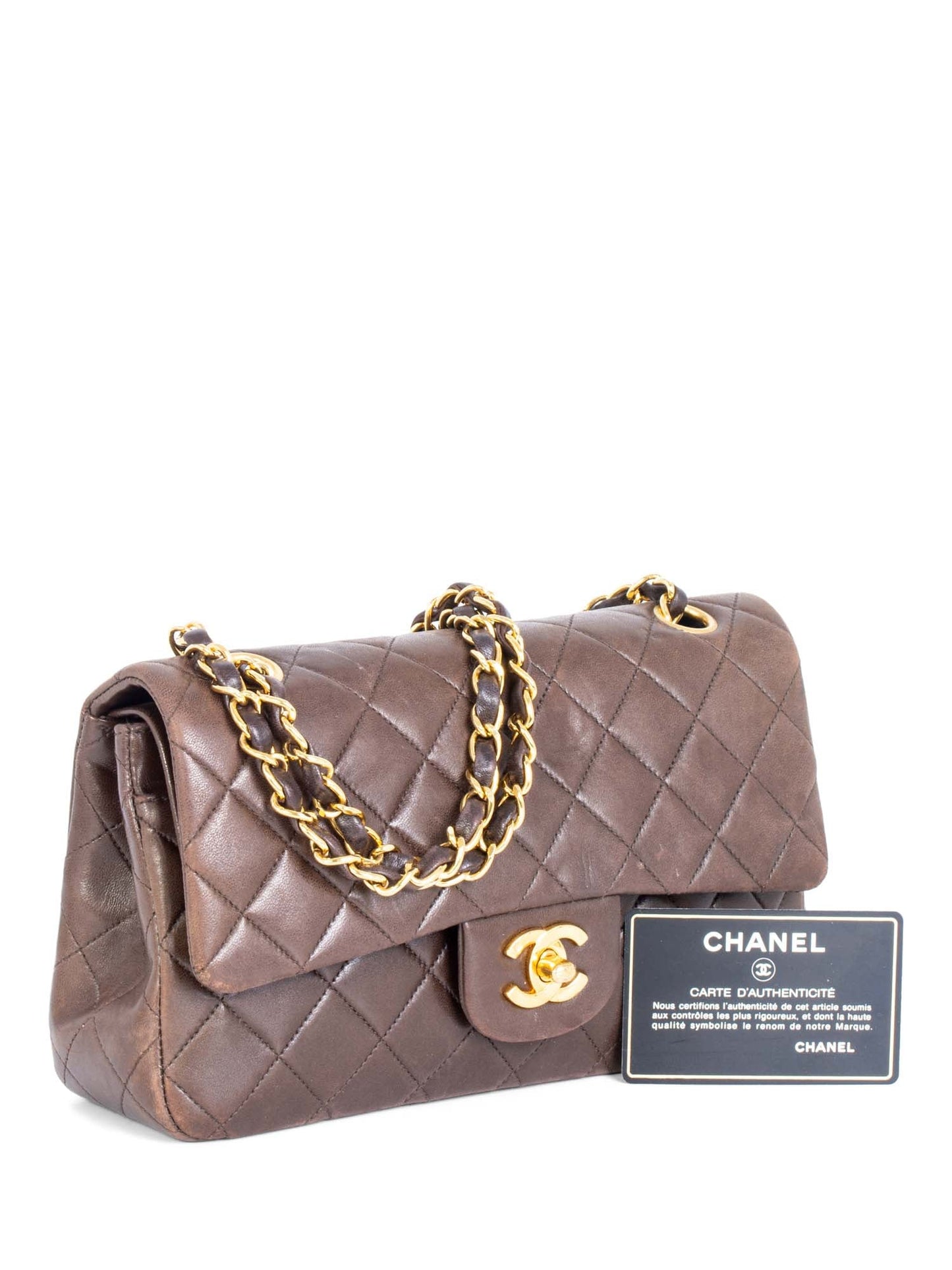 Chanel . Quilted Leather Double Flap Small Bag Brown