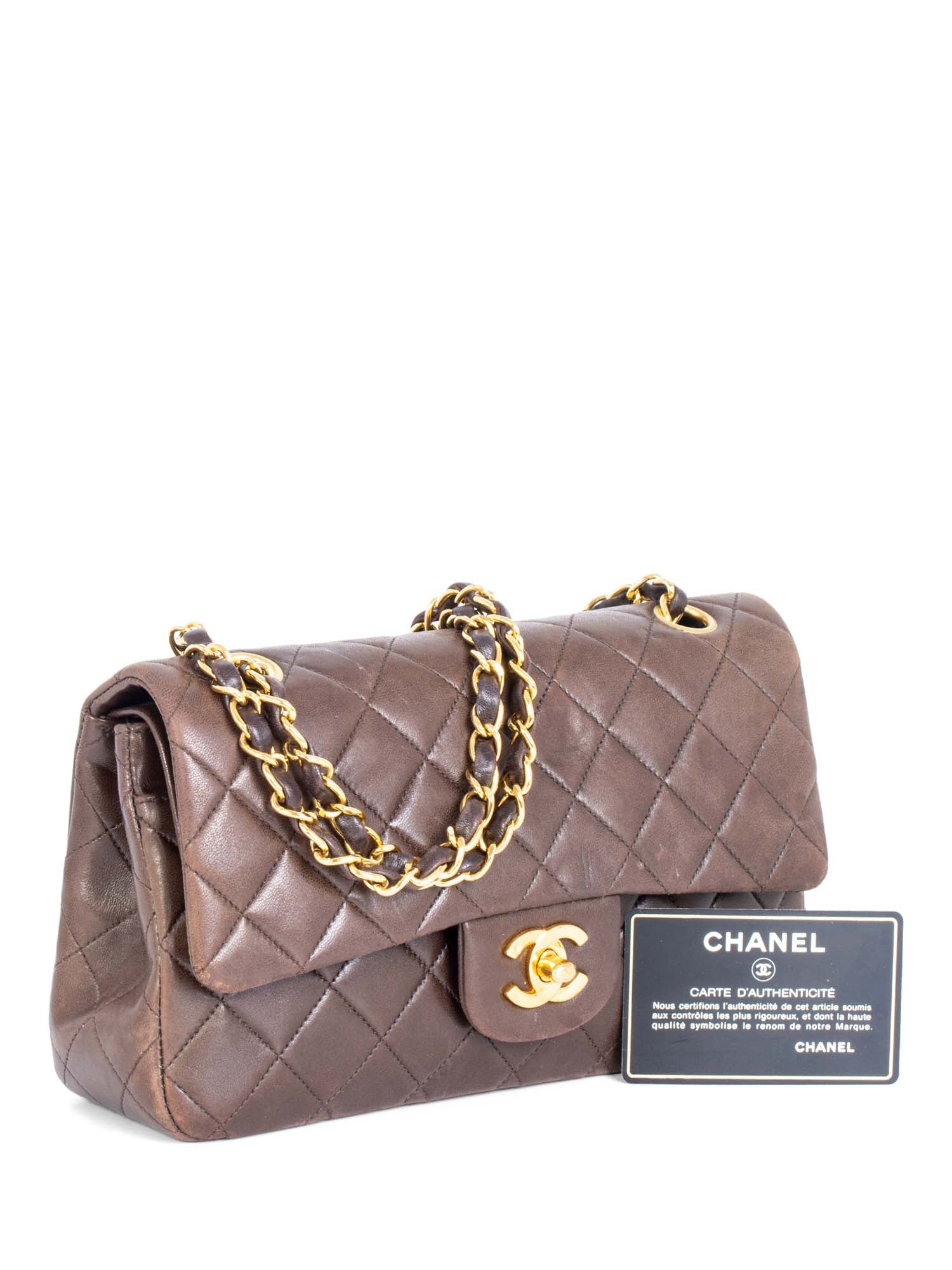 Chanel . Quilted Leather Double Flap Small Bag Brown