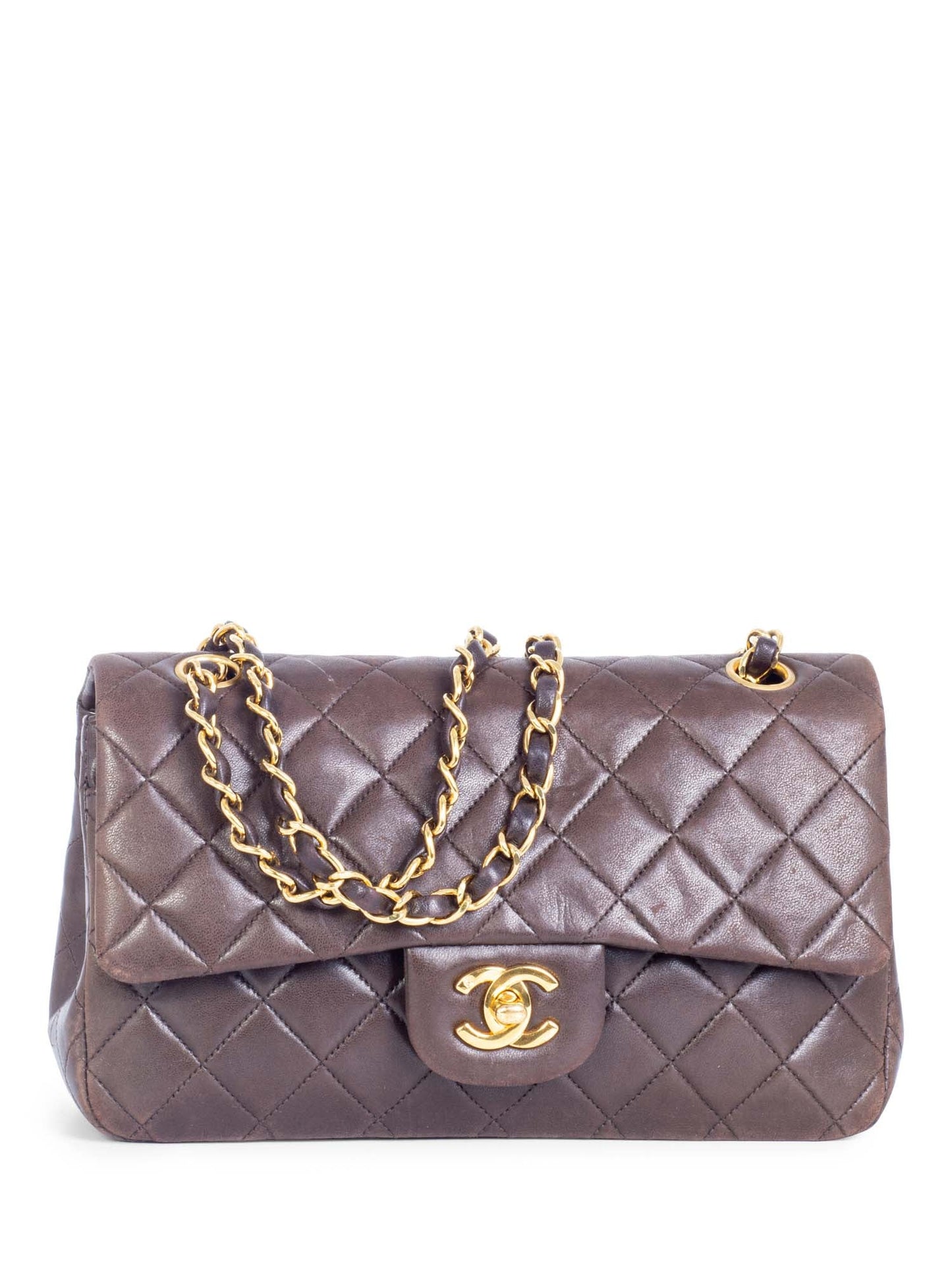 Chanel . Quilted Leather Double Flap Small Bag Brown