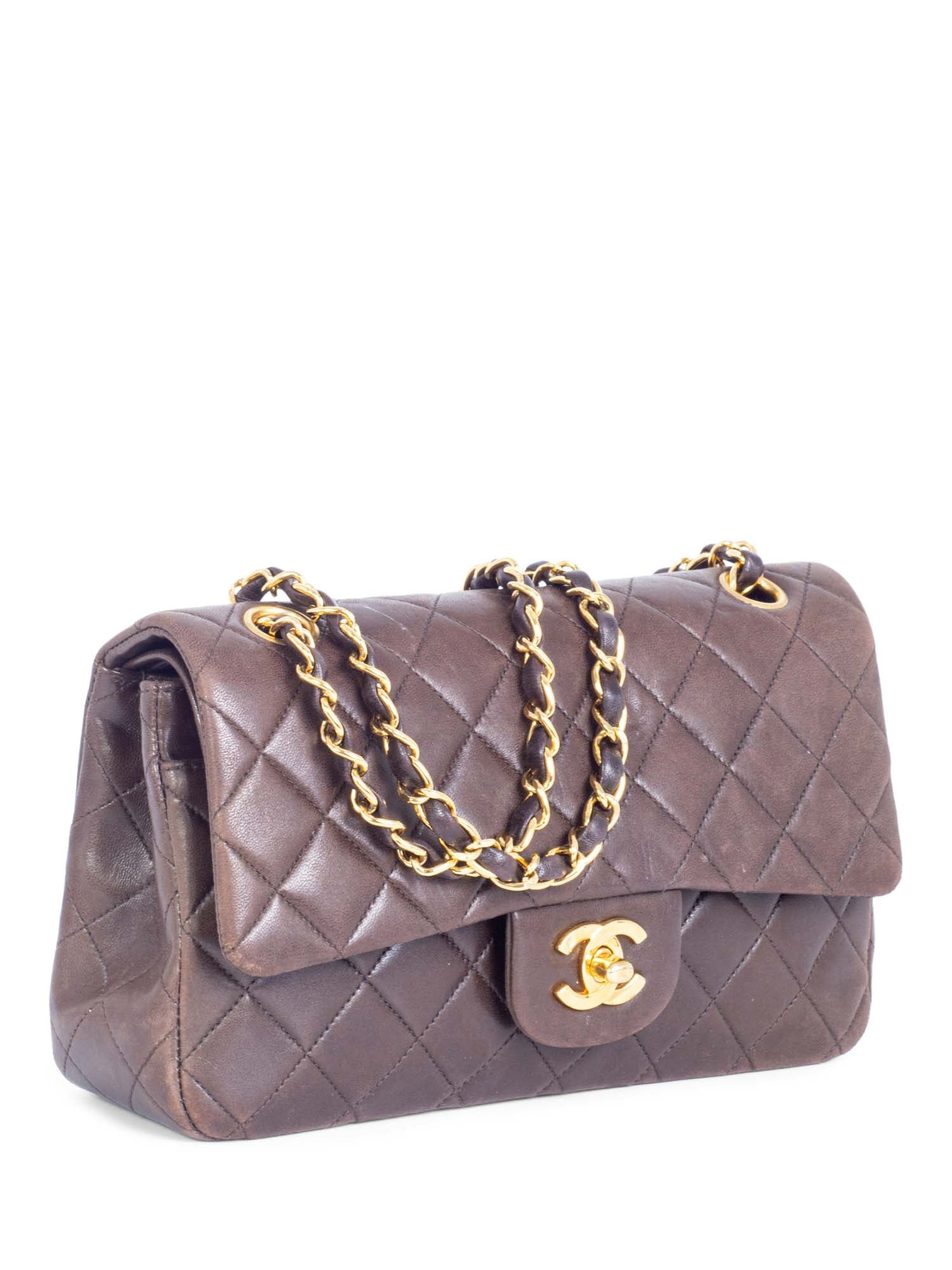 Chanel . Quilted Leather Double Flap Small Bag Brown