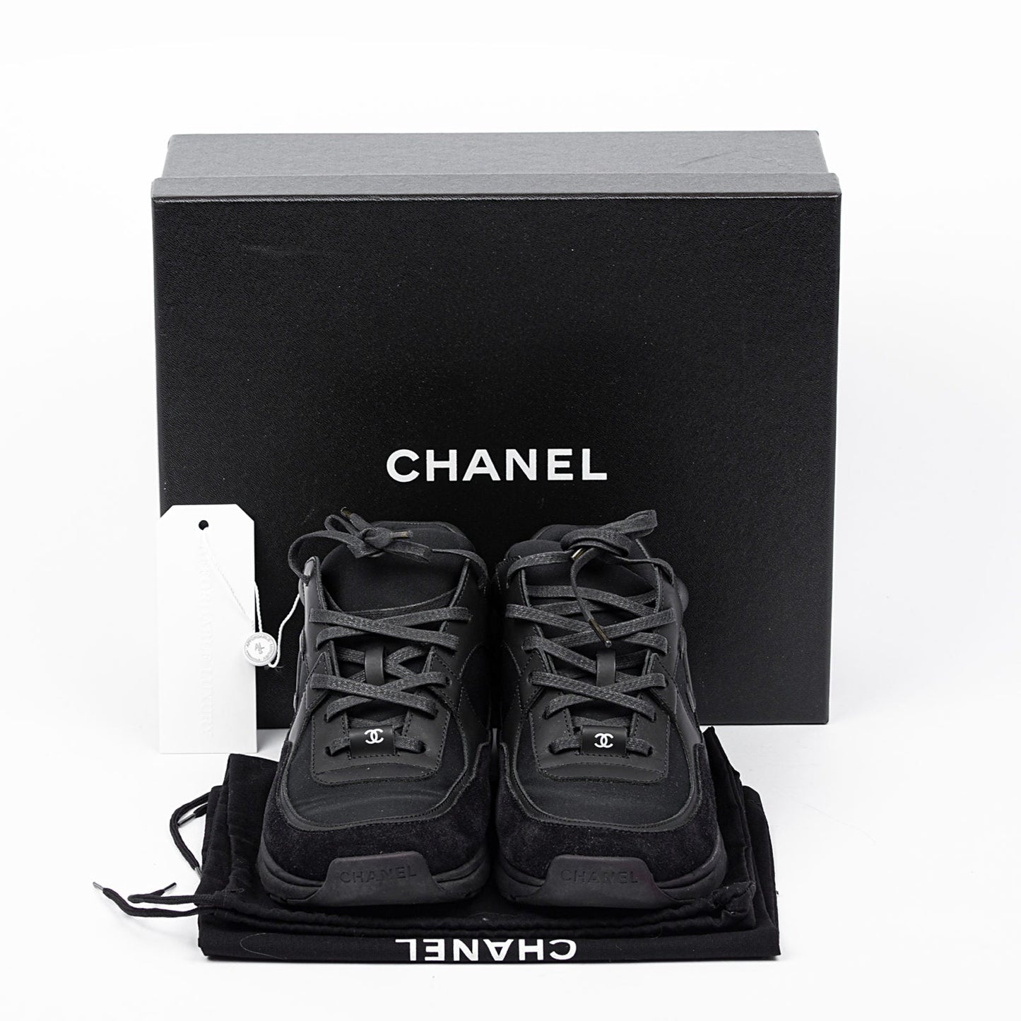 CHANEL CC LEATHER & MIXED FABRIC SNEAKERS