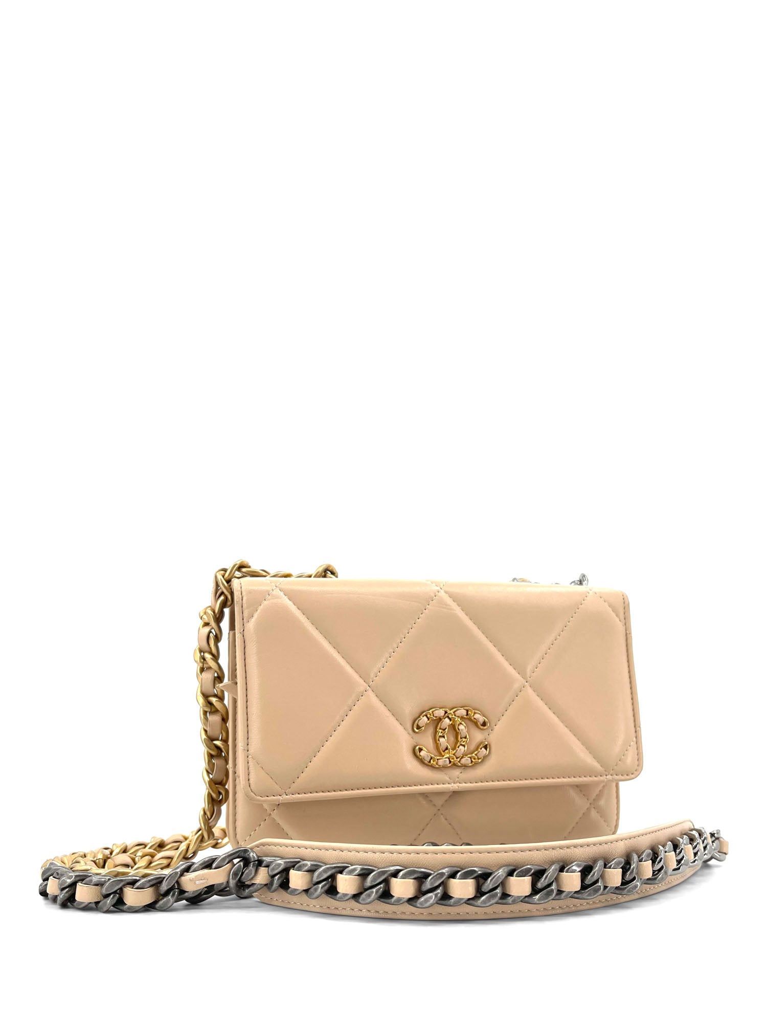 Chanel CC Logo  Quilted Lambskin Leather Wallet On Chain Beige