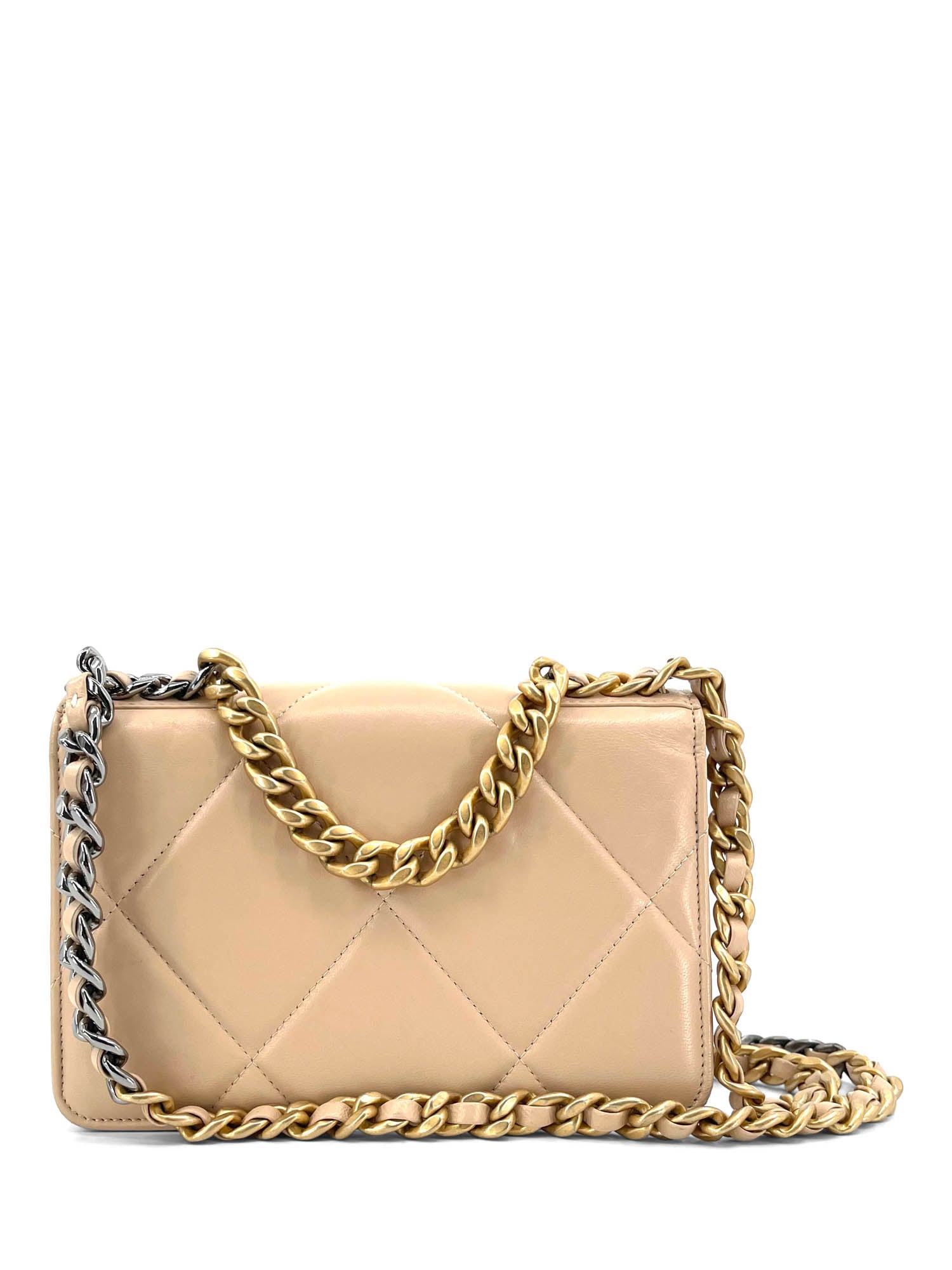 Chanel CC Logo  Quilted Lambskin Leather Wallet On Chain Beige