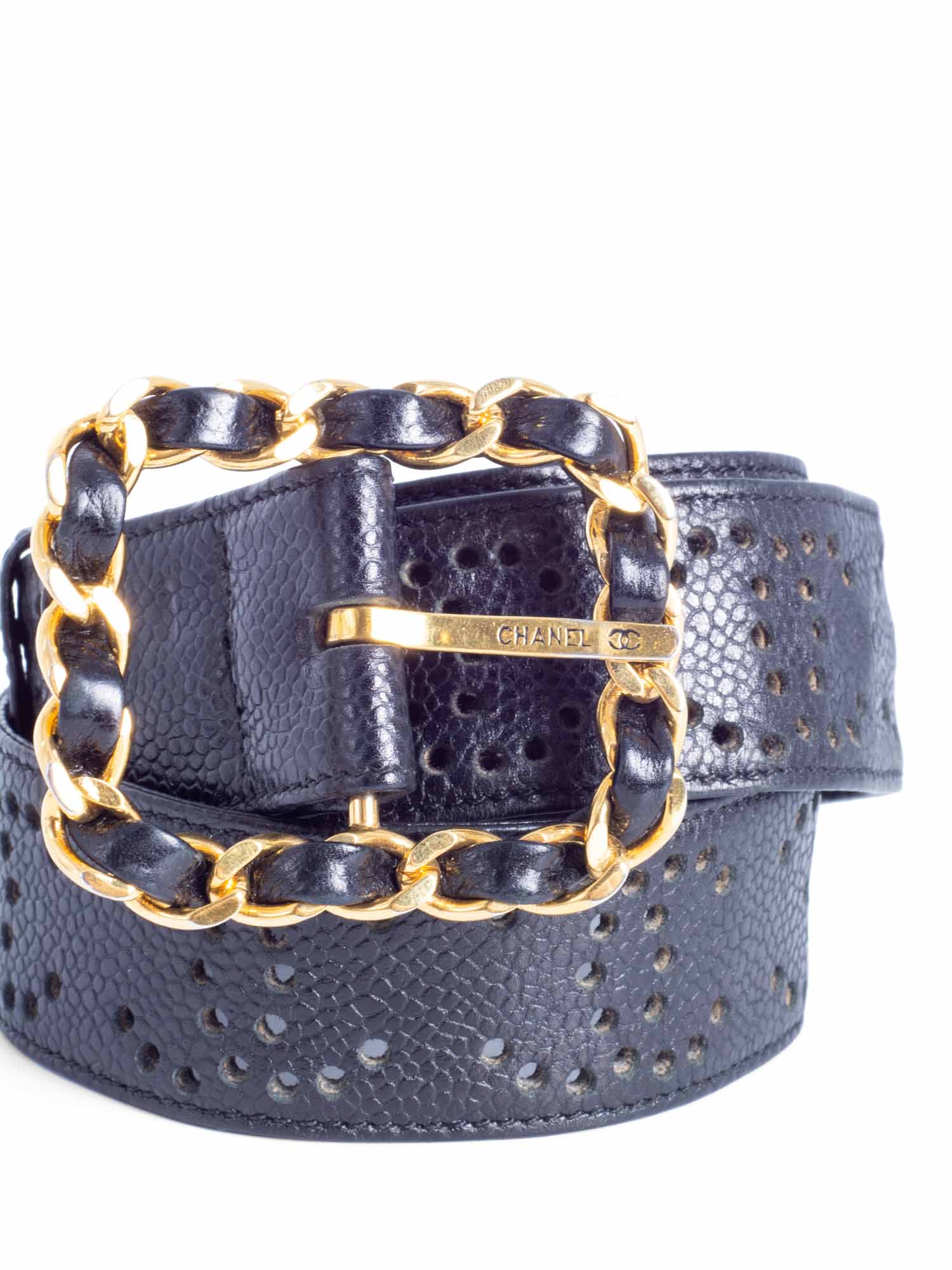 Chanel CC Logo K Gold Plated Chain Caviar Perforated Leather Belt Black