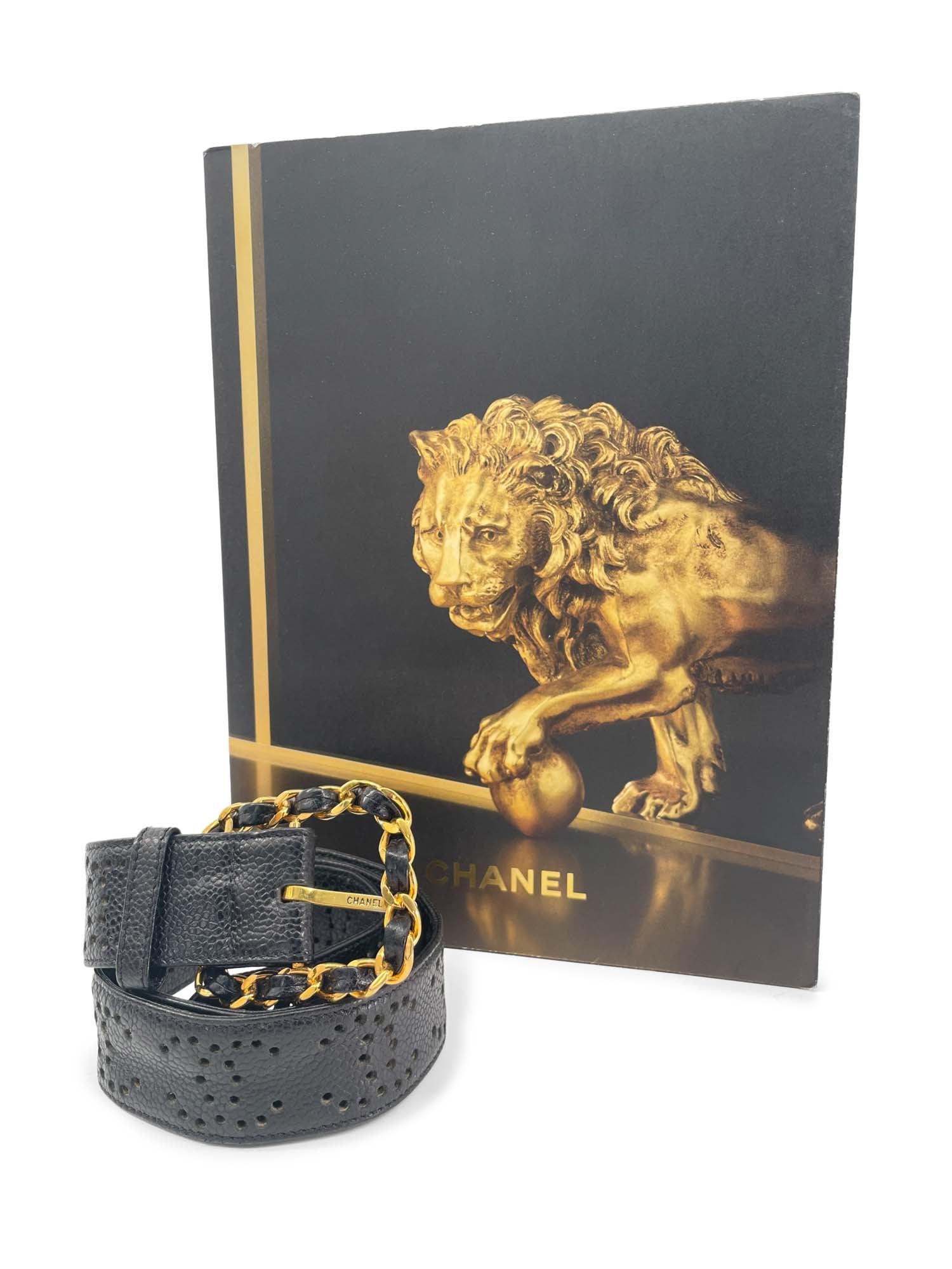 Chanel CC Logo K Gold Plated Chain Caviar Perforated Leather Belt Black